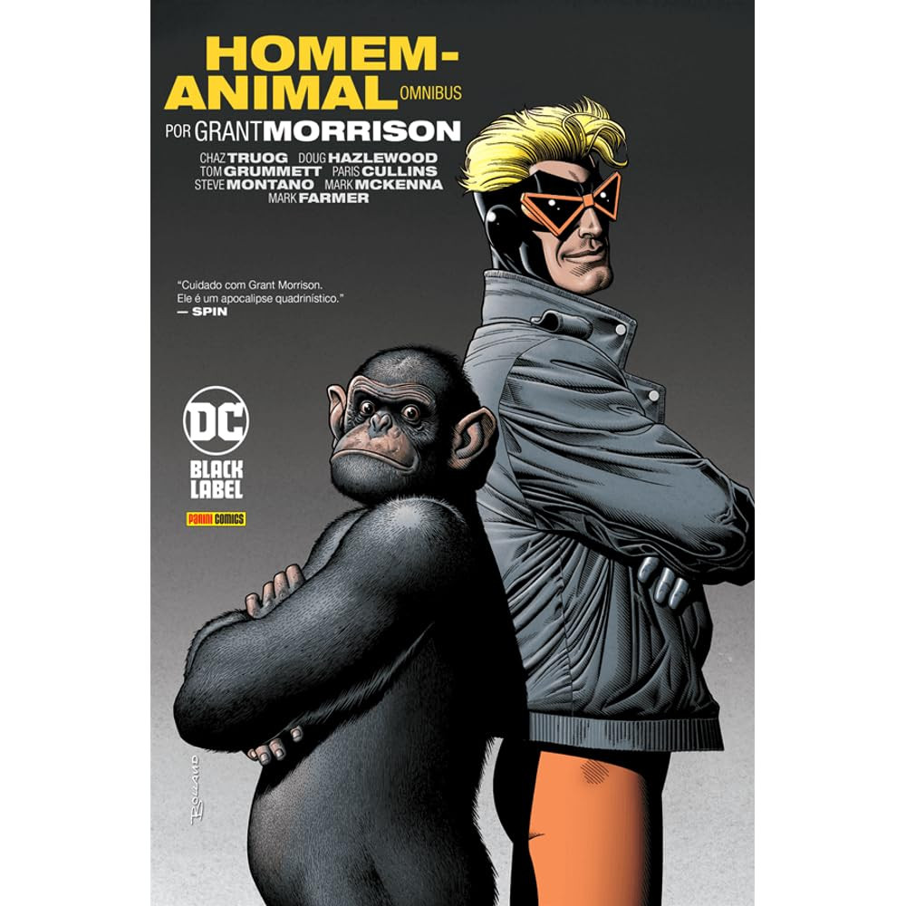 Na imagem vemos a capa do omnibus de Homem-Animal por Grant Morrison. Nela vemos o super-herói Homem-Animal (um homem branco, de cabelos loiros usando uma máscara preta com detalhes alaranjados, jaqueta de couro e luvas pretas, e calças de collant laranja) de costas com um chimpanzé. Ambos estão de braços cruzados, relaxados e encarando o leitor. Ainda é possível ver no topo o título da HQ escrito em amarelo, assim como os logos do selo Black Label da DC e o da Panini Books