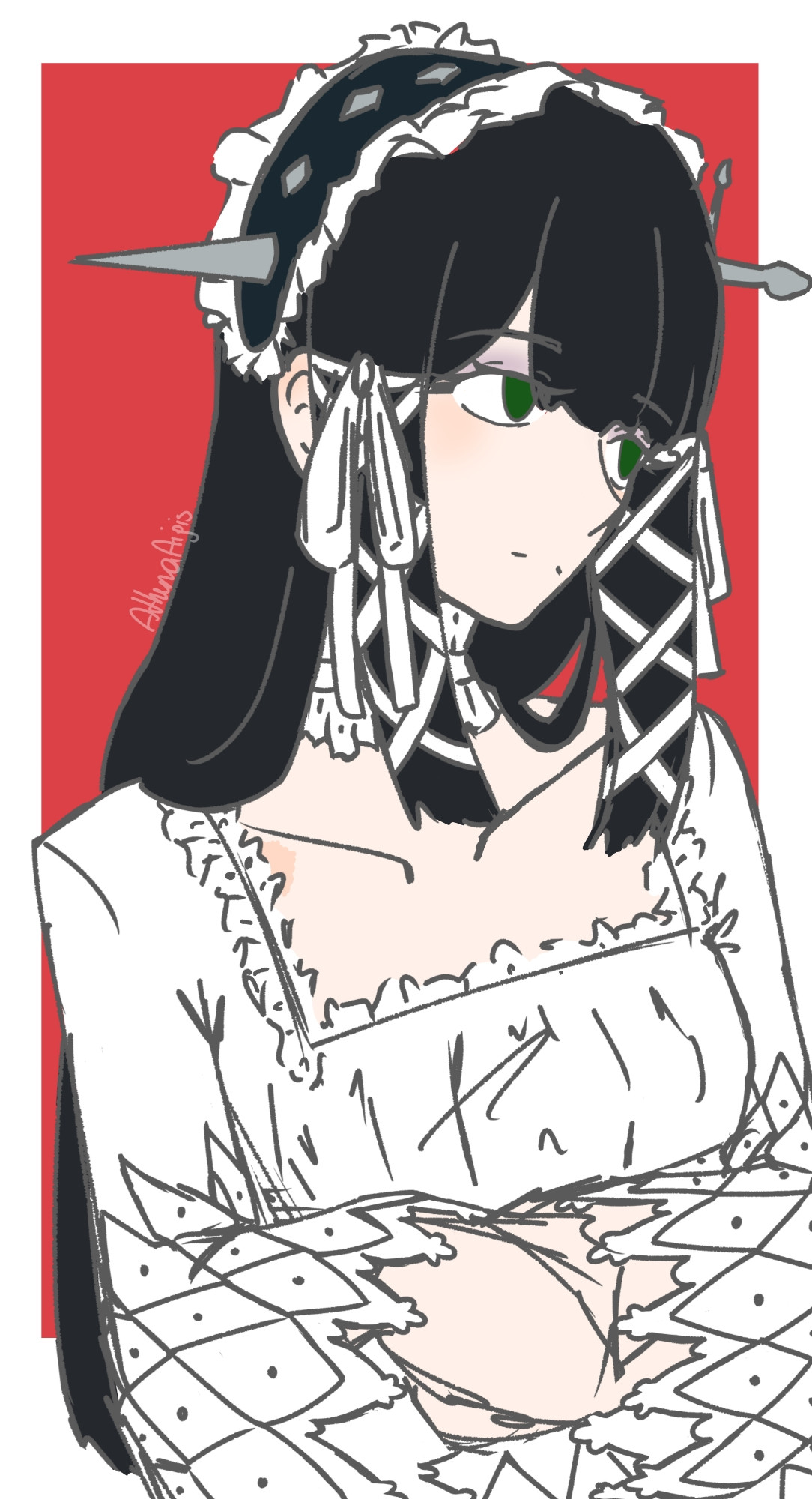 My Fire Emblem OC Statice in the outfit of Chidori Yoshino of Persona 3. She is wearing a white lolita dress with long sleeves, a black hairband with ruffles and a knife on it, and her black hair down and draped over her shoulders.