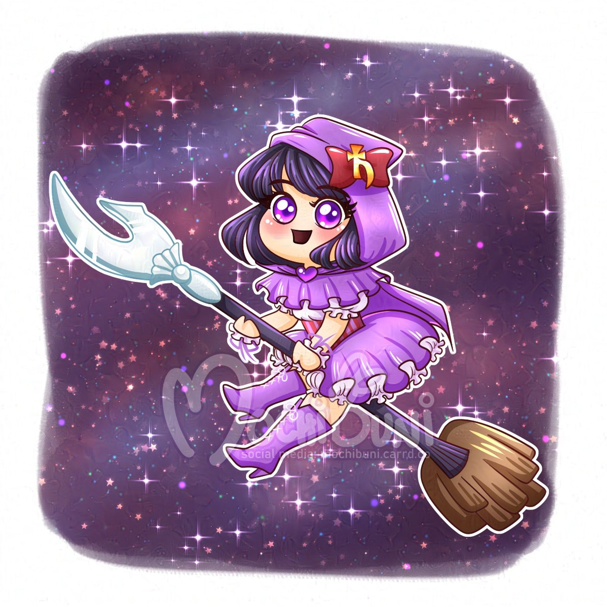 Chibi Sailor Saturn riding a broom with the handle modeled after the Silence Glaive. She wears a ruffled purple hooded cape with a maroon bow attached to the hood with a golden Saturn symbol and purple heart gem at her neck. She wears a poofy short sleeved white blouse with a purple and maroon striped corset on top of a purple bubble skirts with a big white petticoat. She has ruffle wrist cuffs and wears her regular purple lace up boots.