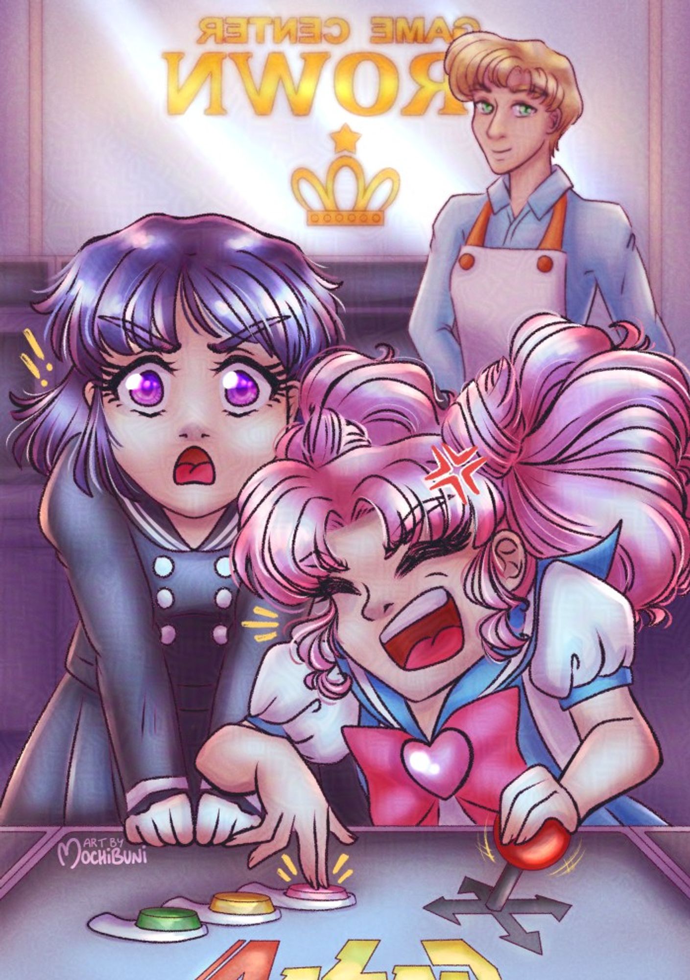 Chibi Usa and Hotaru angrily playing the Sailor V Arcade Game at the Crown Game Center with Motoki looking on approvingly from behind. Chibi Usa is on the right button mashing and jerking the control stick while Hotaru is on the left grasping the edge of the arcade machine.