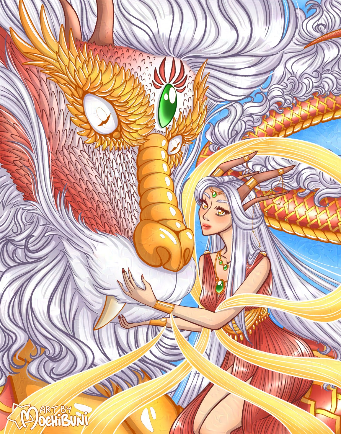 Dragon Woman holding the face of a Chinese dragon. She's wearing a very stylized red hanfu with gold and jade jewelry at her neck, waist, and forehead. Light yellow fabric billows around her and from her gold bracelets. Her hair is long and white with four gold cuffed horns peeking out from her head.

The Chinese dragon is red with gold accents and white hair. A giant jade gem is set on its forehead.