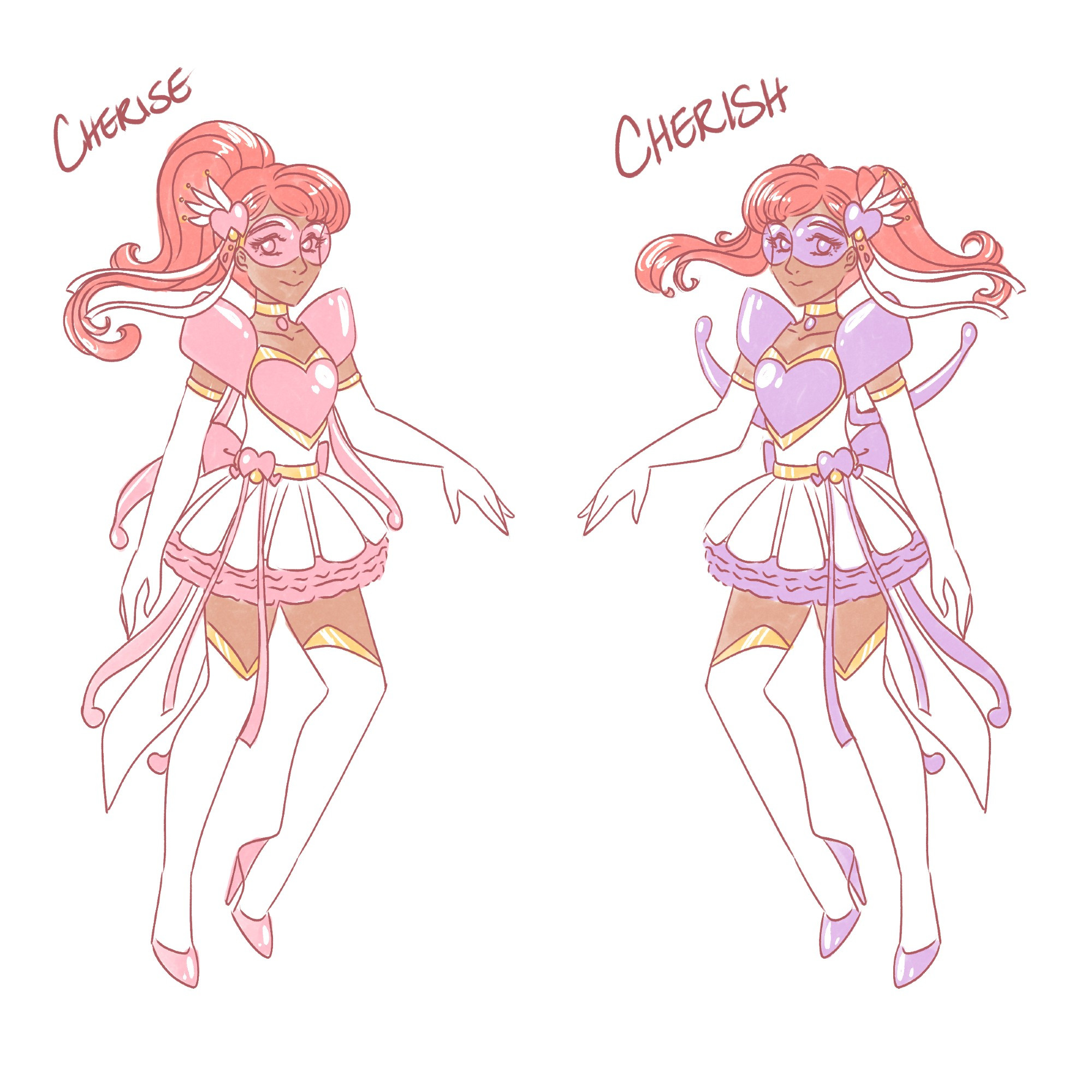 Sketch designs of Cherise and Cherish showing their full outfits in their respective colors. The twins are brown skinned with bright red hair  when transformed. They have a heart motif on their chest, hair piece, and waist decorations. Goggles, large armored sleeves, opera gloves, above the knee boots, and big back ribbons stylized to look like bleeding hearts.