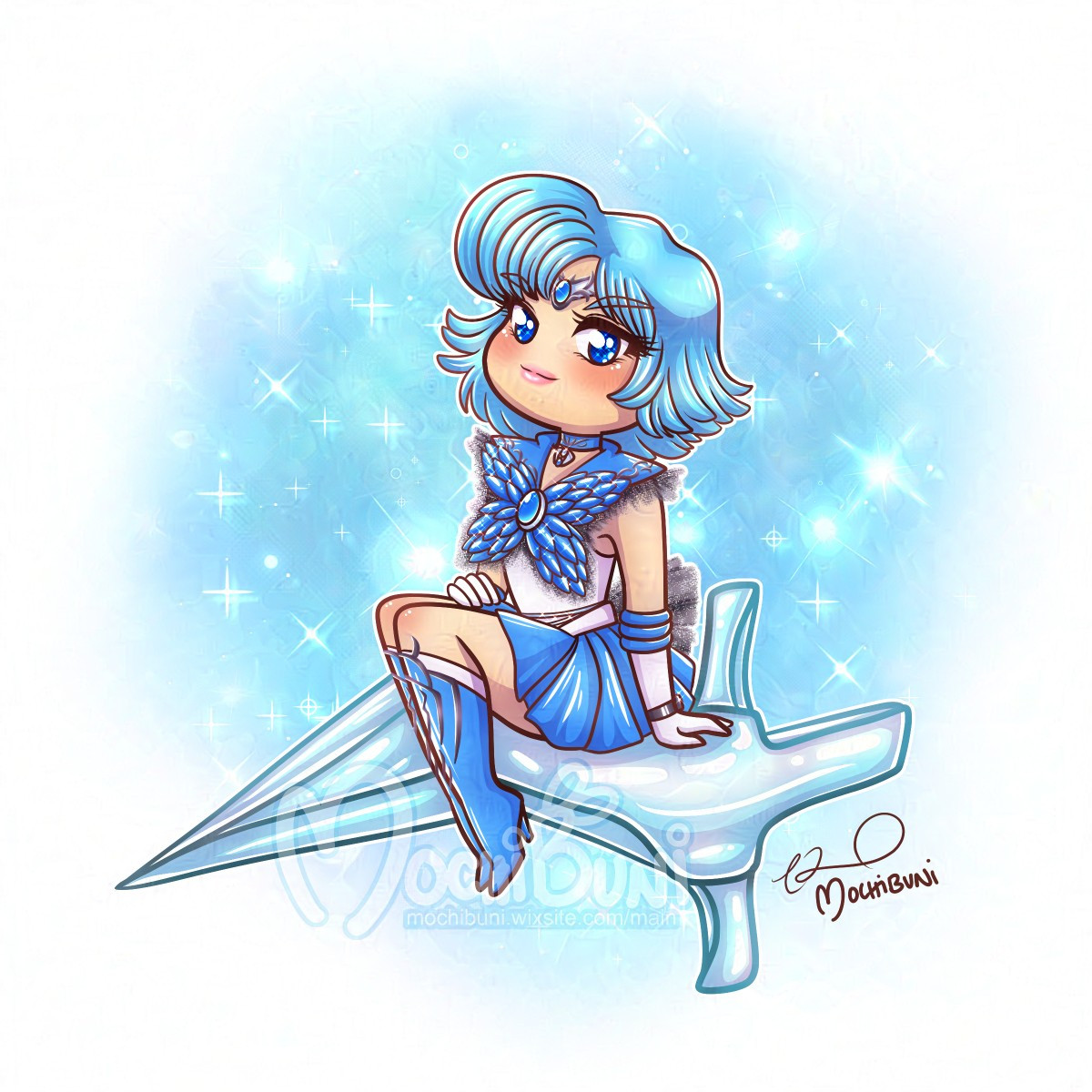 Chibi of Dark Sailor Mercury from PGSM sitting on top of a big version of her ice sword. The background is icy blue with sparkles.