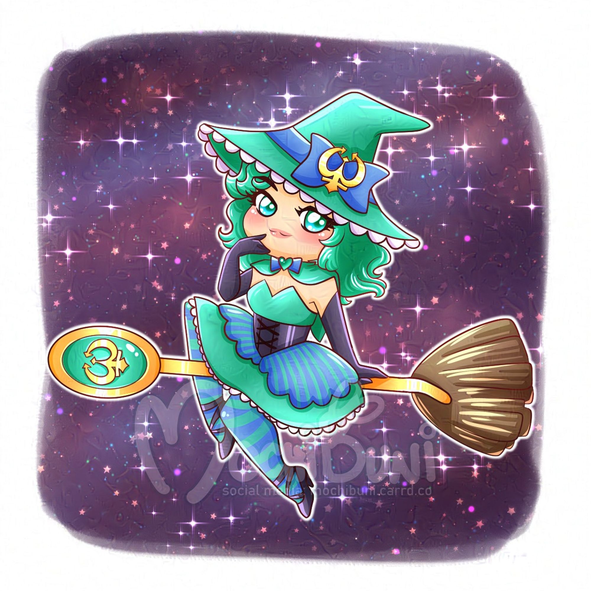 Chibi Sailor Neptune riding a broom with the handle modeled after the Deep Aqua Mirror. She wears a large teal witches hat trimmed with white lace and a navy blue bow around the middle with a golden Neptune symbol. She has a tiny teal capelette on her bare shoulders tied together with a small navy bow and teal heart gem. She wears black opera gloves and her dress is a teal top with black corset and a knee length round skirt layered with strips and solid teal trimmed with lace. She has navy and teal striped stockings and black ribbon heels.