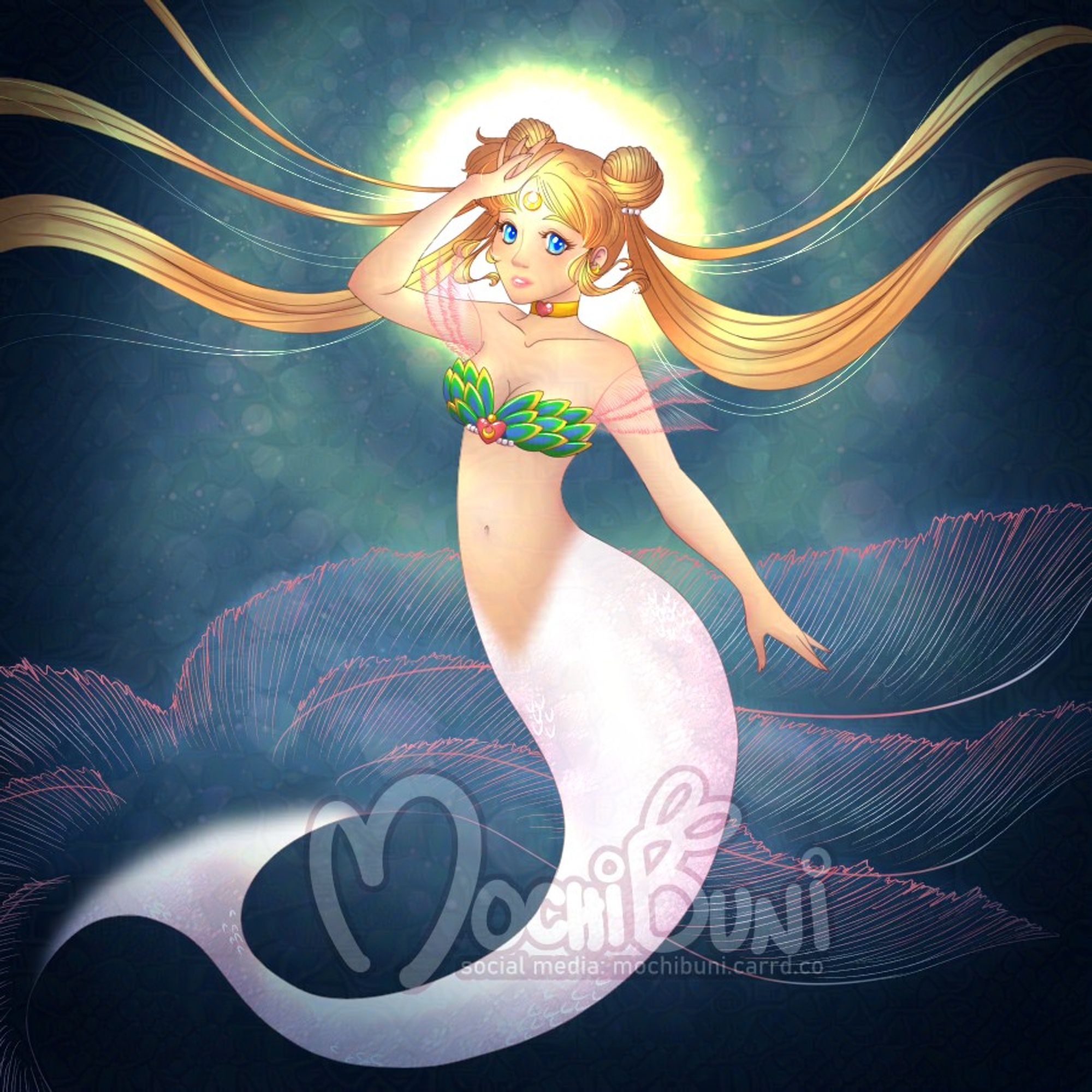 Super Sailor Moon redesigned as a mermaid with a blue to yellow ombre scale bra, sheer triple fin arm sleeves, and a white iridescent tail with three layers of sheer fins. The background is a radiating white circle with bubbles on navy.