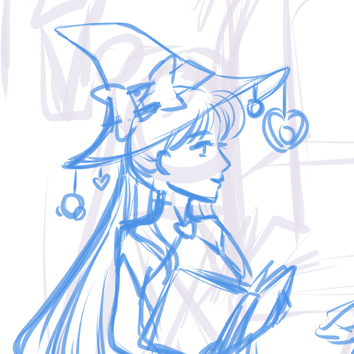 Messy sketch of Witch Setsuna holding a magic tome. She has a very big wide brim witches hat with Pluto related jewels hanging from it.