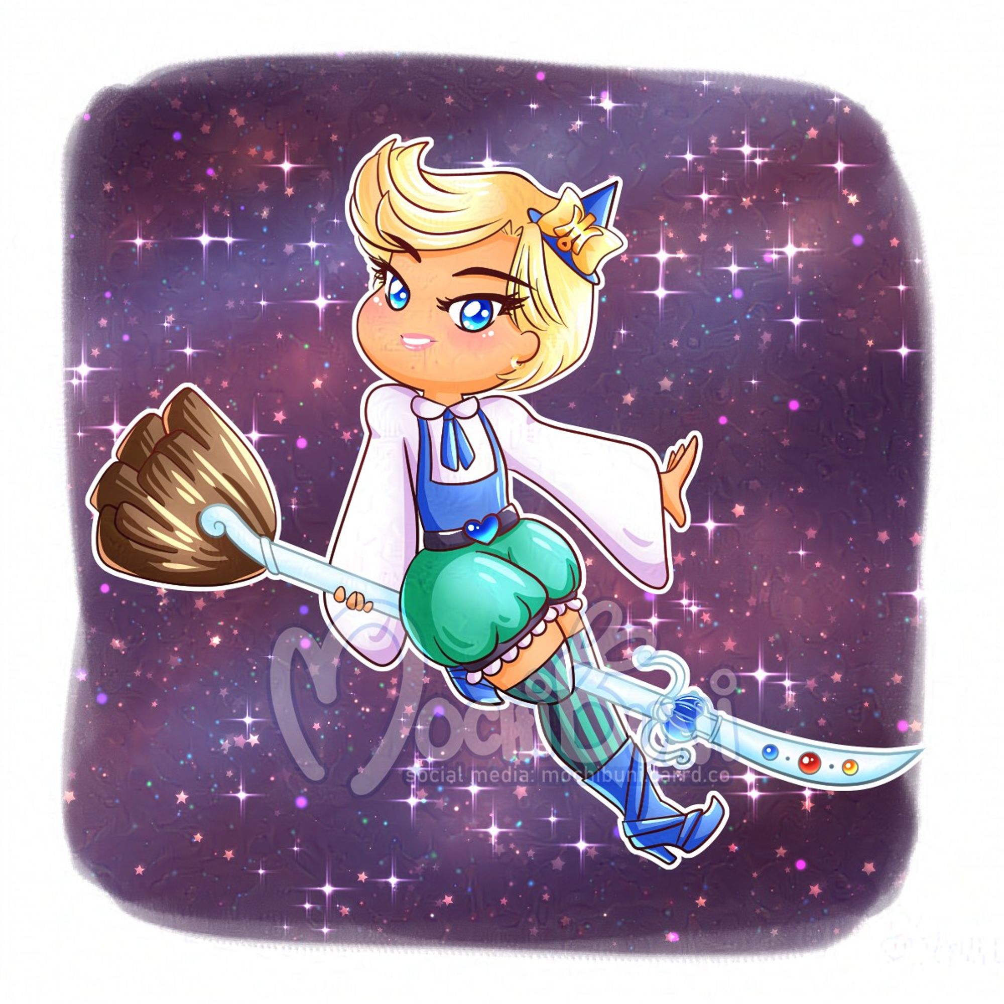 Chibi Sailor Uranus riding a broom with the handle modeled after the Space Sword. She wears a tiny navy witches hat with a yellow bow and golden Uranus symbol in the middle. She has a white puffy, long sleeve blouse with a navy ribbon tie and a navy vest to match. It's tucked into a black belt with navy heart gem and team bloomer style shorts with white ruffles. Her knee high stockings are black and teal striped and she wears her navy buckled boots.