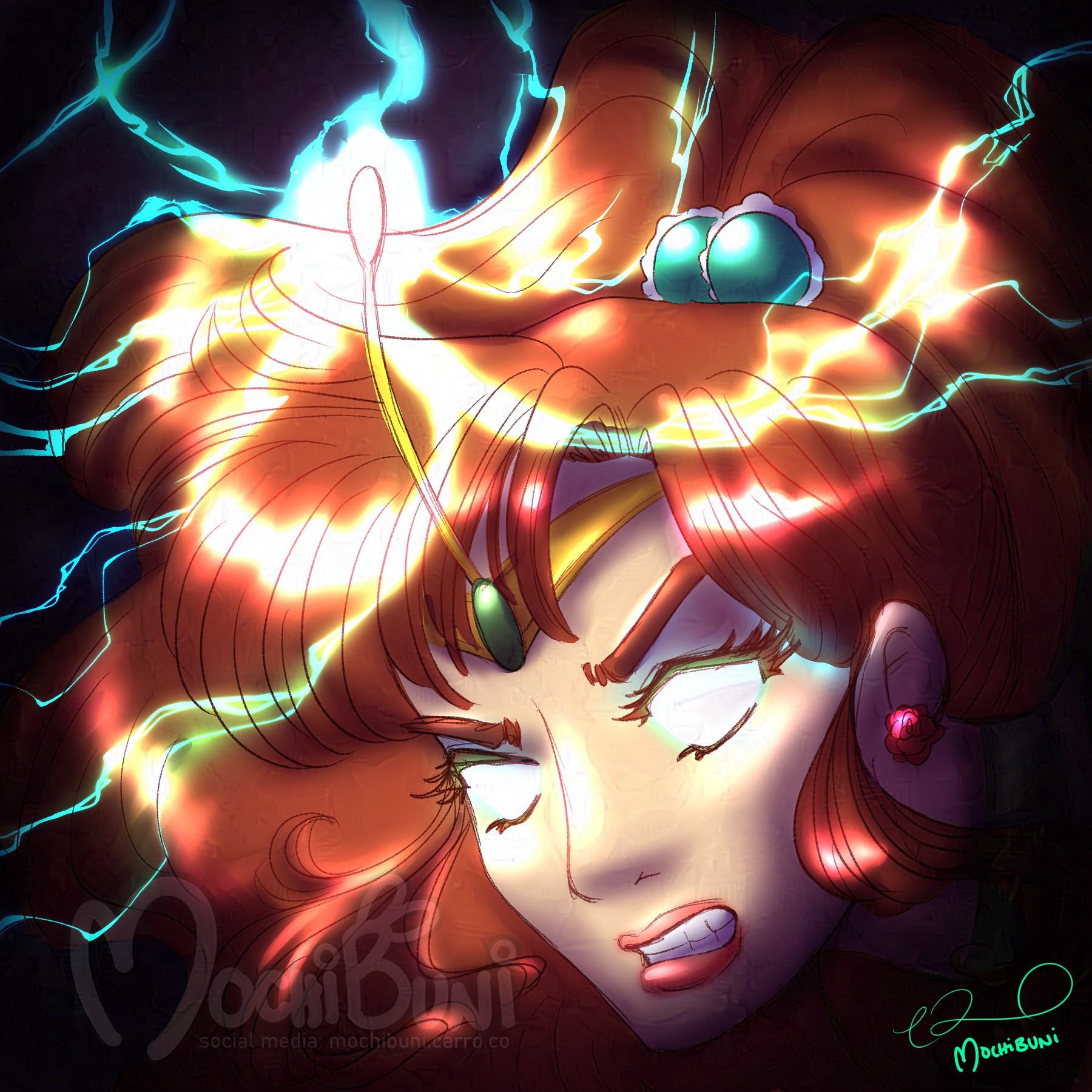 Head shot of Sailor Jupiter in darkness, illuminated by her attack Supreme Thunder coming from the antenna on her tiara. Her eyes glow white and her expression is anger with gritted teeth.