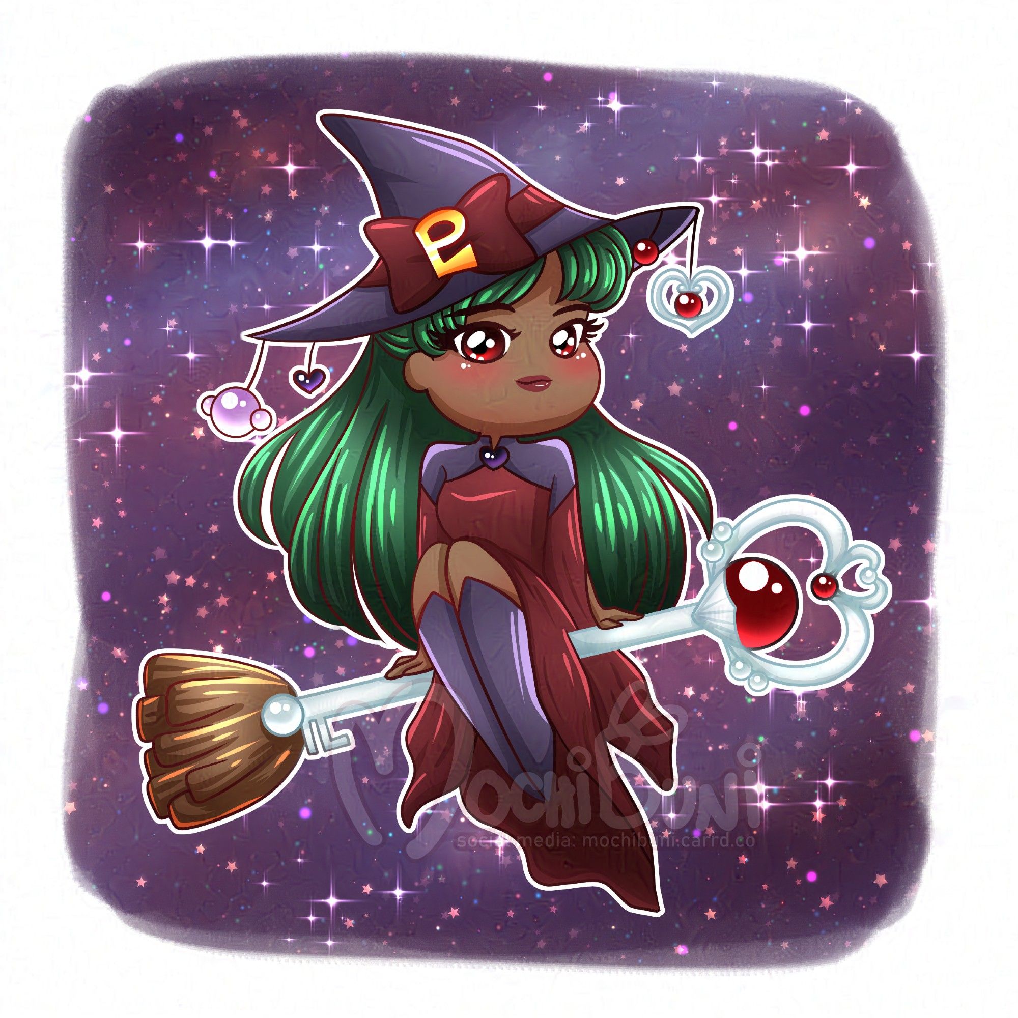 Chibi Sailor Pluto riding a broom with the handle modeled after the Garnet Rod. She wears a large black witches hat with heart gem, Garnet Gem, and lip rod dangling from the brim. It's decorated with a maroon bow and golden Pluto symbol. Her dress is a long one piece maroon and black with a slit up to the thigh, with the sleeves long and billowing from her arms, and a black heart gem at the neck. She wears her normal black boots without the white stripe.