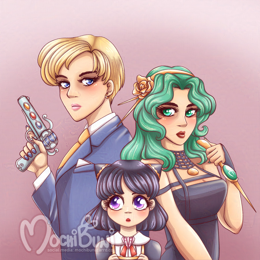 Haruka, Michiru, and Hotaru as Loid, Yor, and Anya Forger respectively. Haruka wears a blue suit and holds a silver gun with jewels based on the Space Sword. Michiru wears Yor's black assassin outfit with the Deep Aqua Mirror attached to Yor's weapon. Hotaru is in Anya's school uniform with the Tarion crystal as a brooch.