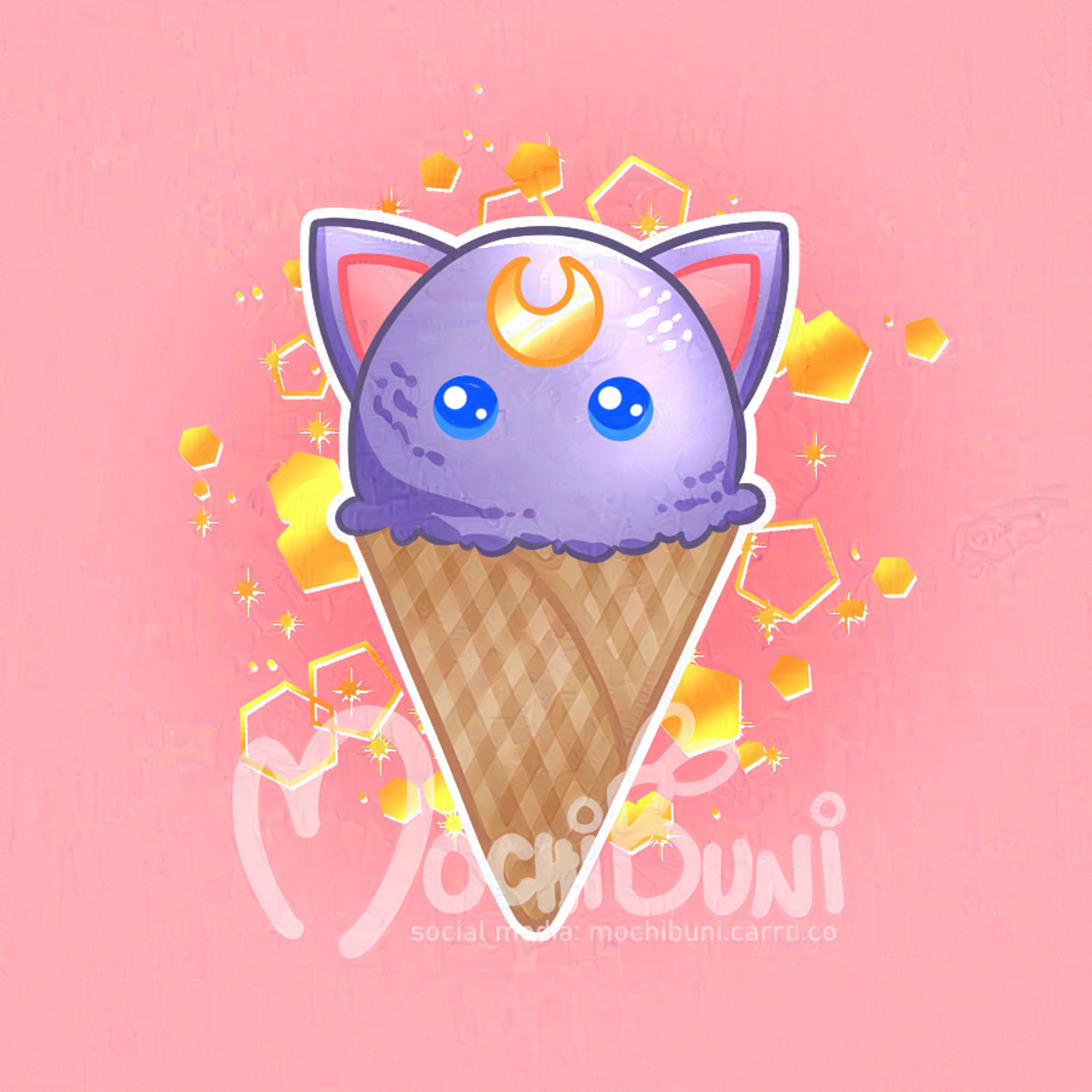 Luna cat head as an ice cream scoop on top of a waffle cone. The background is pink with gold sparkles.