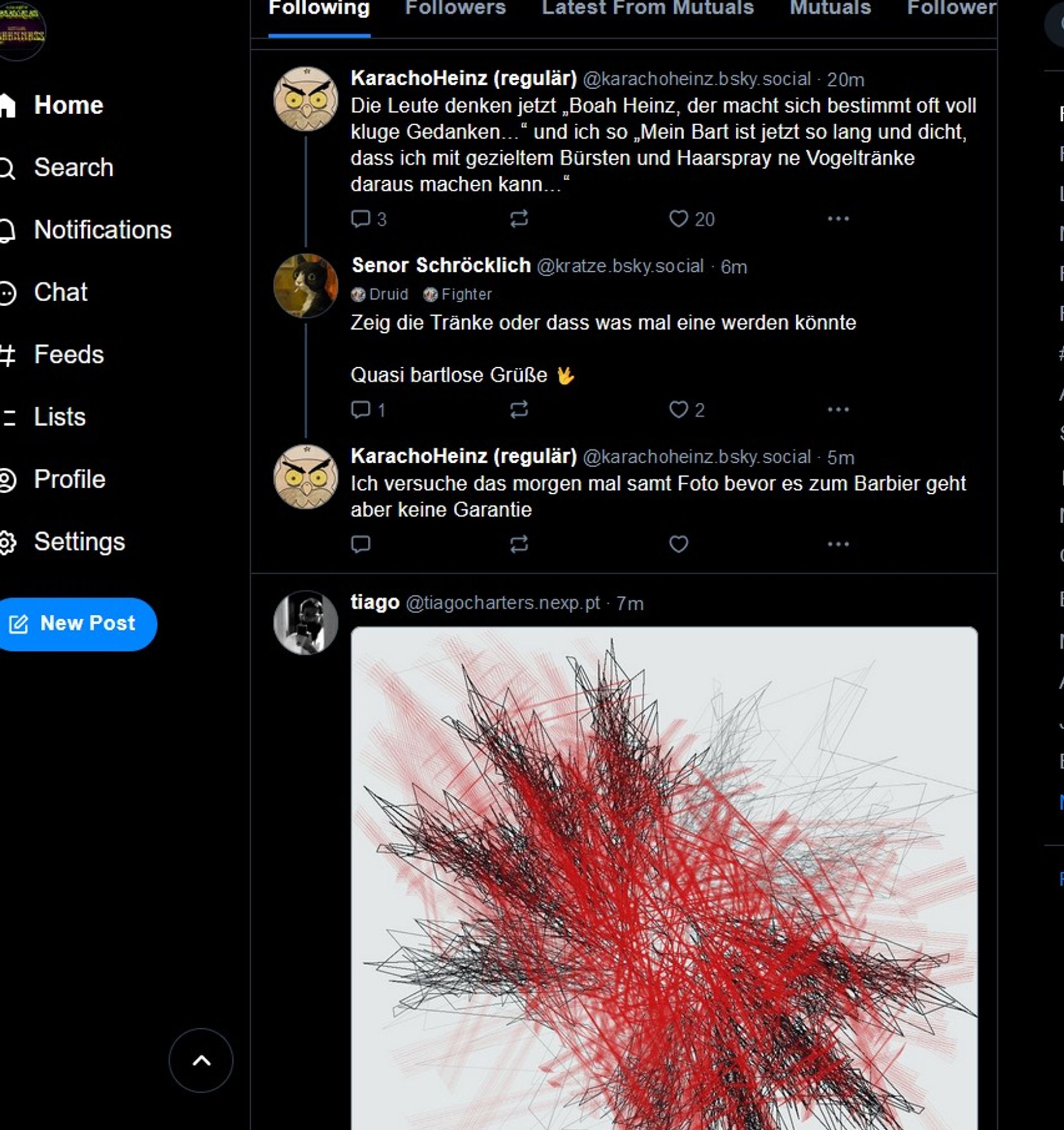 screenshot der weboberflaeche von bluesky. im feed following vier posts, drei im bezug zueinander, darunter ein unabhaengiger Bildpost. Das Bild zeigt auf weissem Grund schwarze und darueberliegende rote chaotische, struppige Linien auf einem wirren Haufen. Die Posts darueber: Karachoheinz schreibt: Die Leute denken jetzt Boah Heinz, der macht sich bestimmt oft voll kluge Gedanken.. und ich so Mein Bart ist jetzt so lang und dicht, dass ich mit gezieltem Buersten und Haarspray ne Vogeltraenke daraus machen kann... . Darunter schreibt Senor Schroecklich: Zeig die Traenke oder dass was mal eine werden koennte. Quasi bartlose Gruesse vulkanischer Gruss. Karachoheinz erwidert: Ich versuche das morgen mal samt Foto bevor es zum Barbier geht aber keine Garantie. Darunter das haelftig Platz beanspruchende zuvor beschriebene Bild.