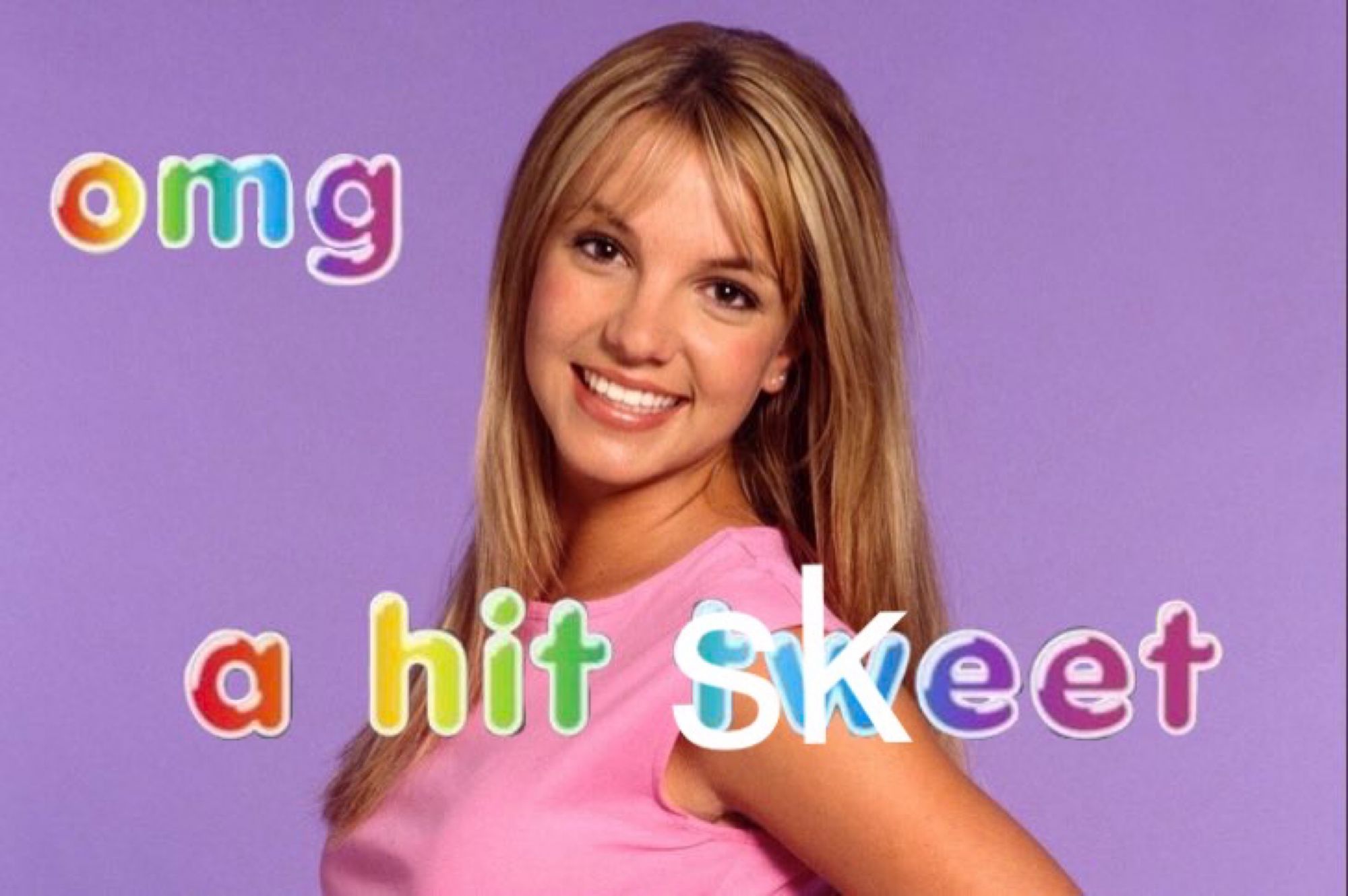 meme of britney spears smiling that says “omg a hit tweet” hastily and badly edited to say “skeet” instead