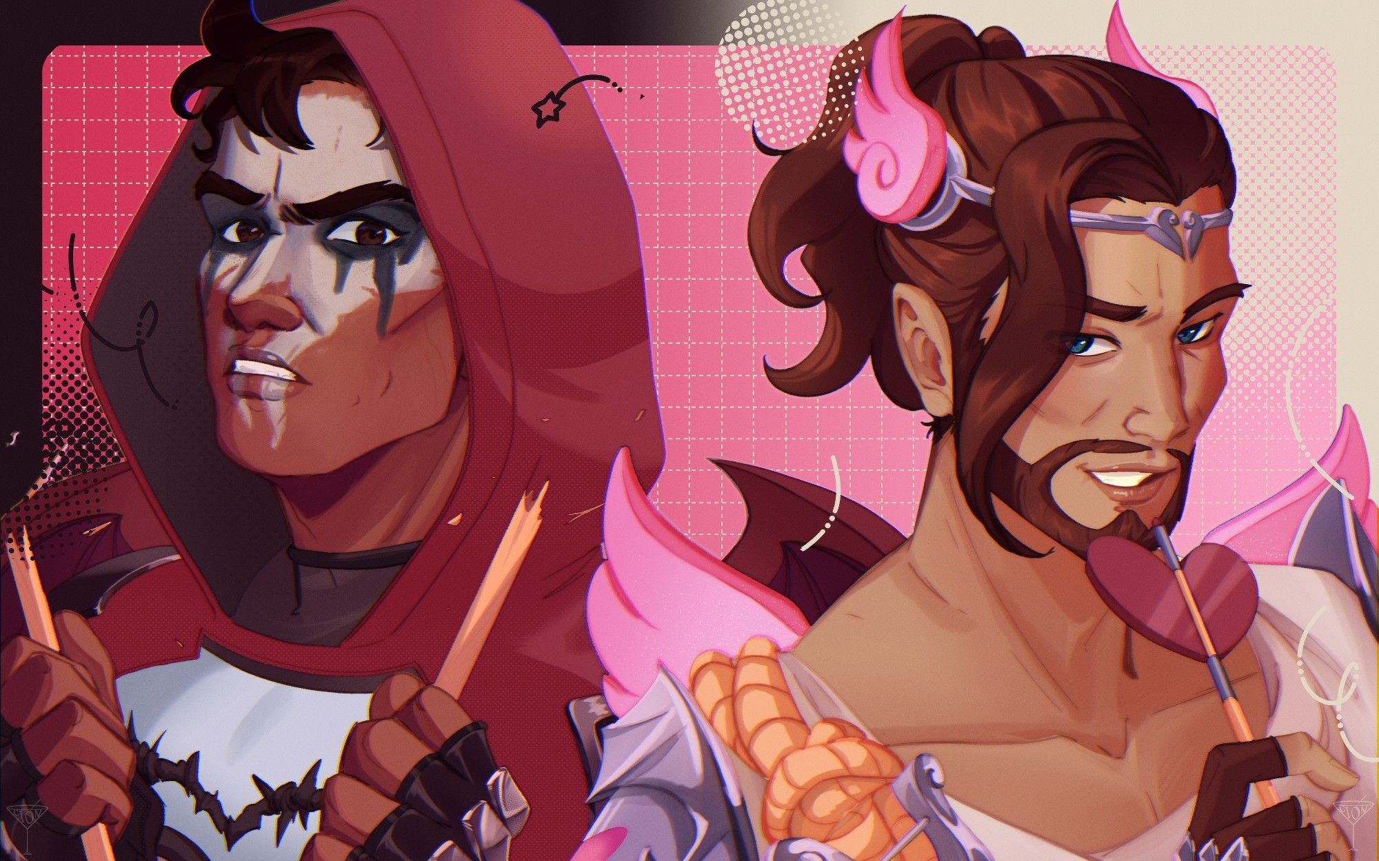 A digital illustration of fan art from characters from overwatch, on the left, Reaper with his Valentine's Day Heartbreaker skin. On the right, Hanzo, with his Valentine's Cupid skin. Reaper is seen destroying a Cupid's arrow in half while Hanzo is toying with one.