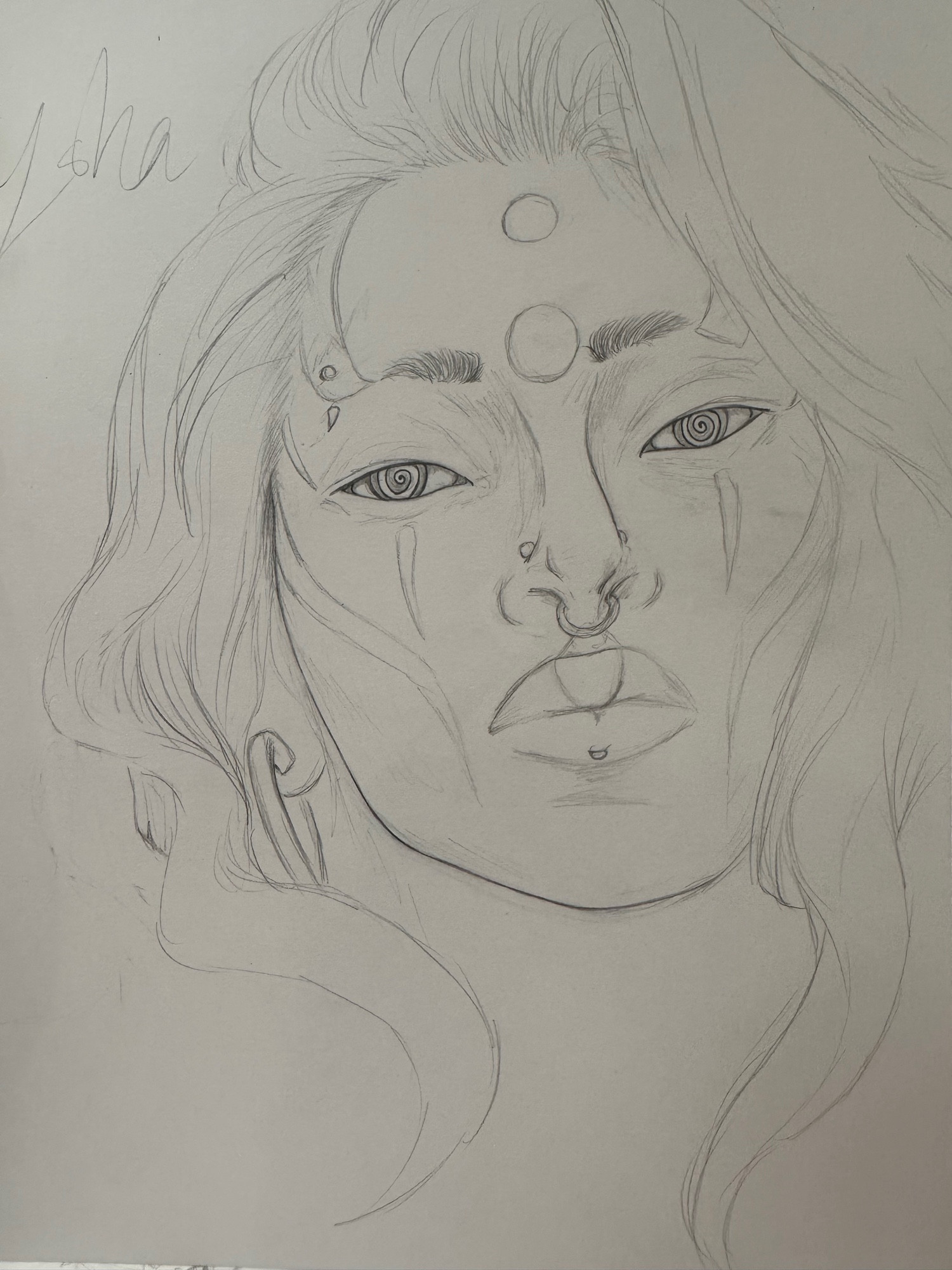 A sketch of a woman’s face. She has lines and markings drawn on her face, several piercings, and spirals for irises.