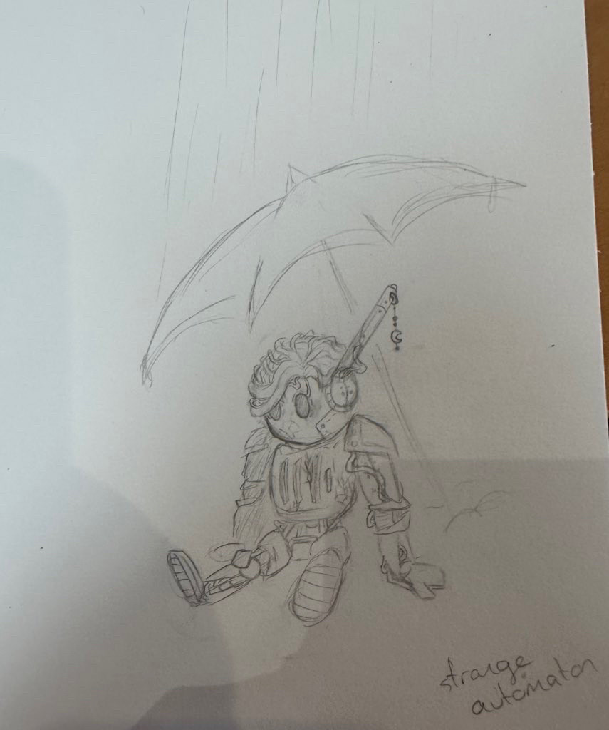 A drawing of a small, broken-down robot with a large antenna. It’s under an umbrella. “Strange automaton” is written underneath.