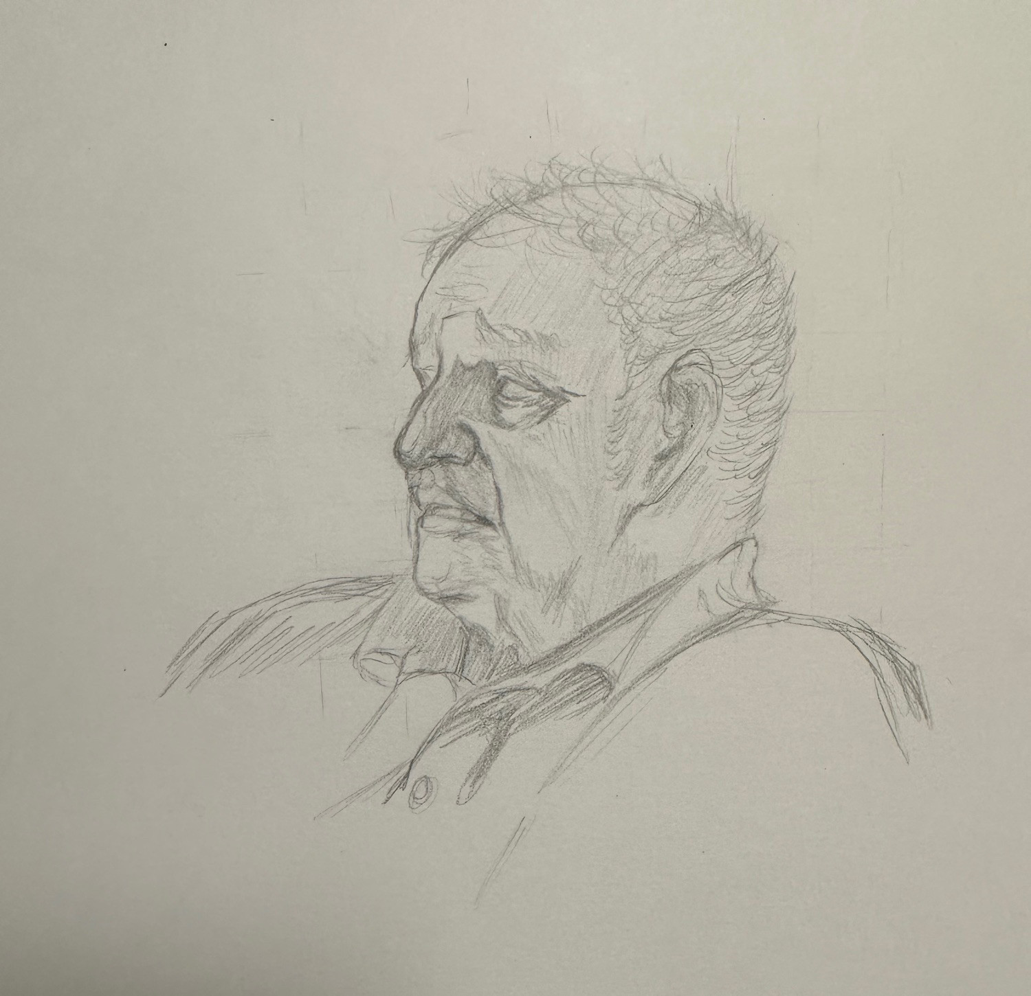 A sketch of a sad, tired-looking old man.