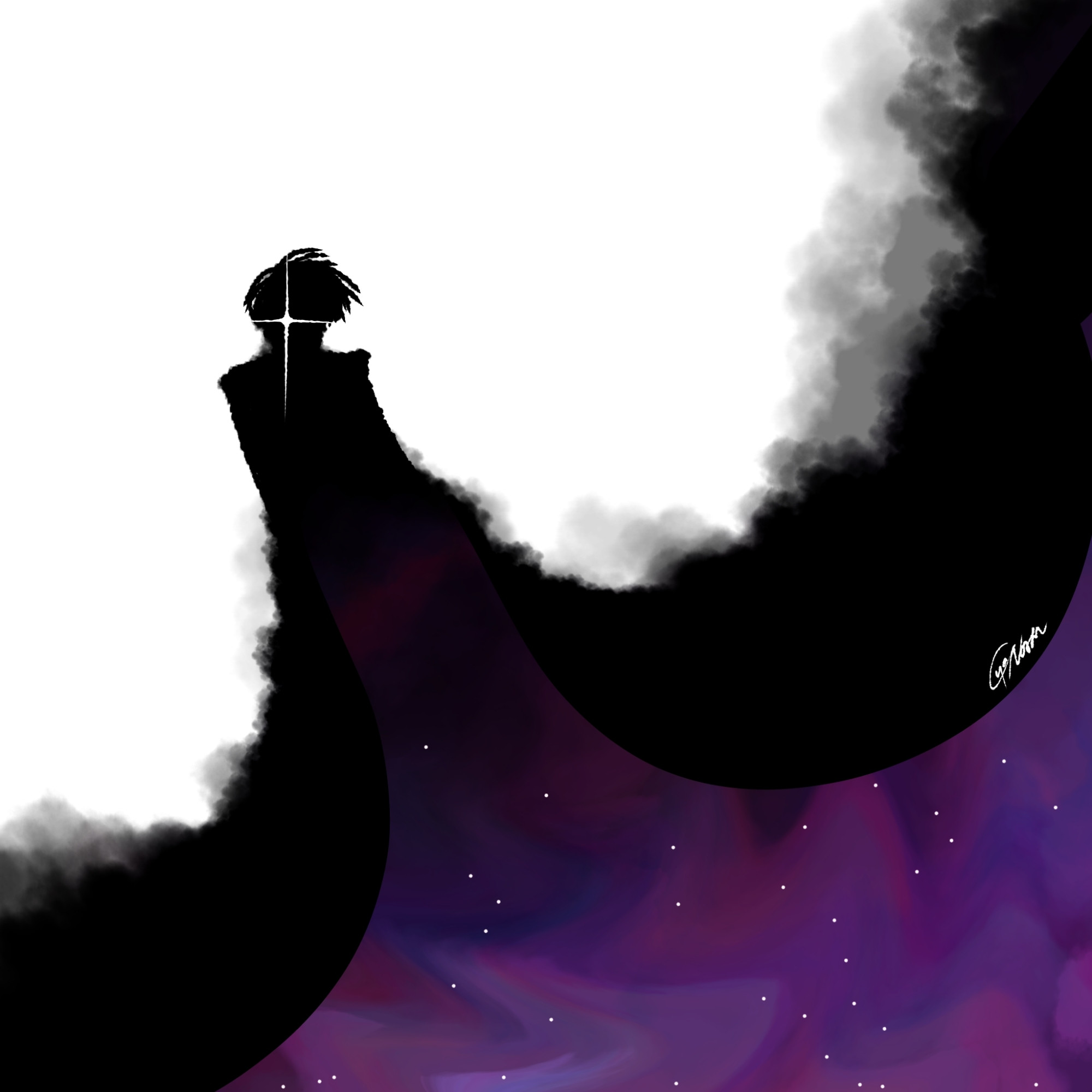 Dream with the universe under his cape. He's a pure black silhouette with his right eye flashing white like a star. It's difficult to tell when he and the fog around him begins and ends.

🫀