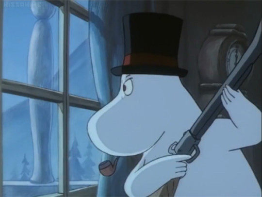 Moominpappa with his hat on and a pipe in his mouth, looking out a window with a determined expression. He is holding a rifle, ready to level it and shoot.