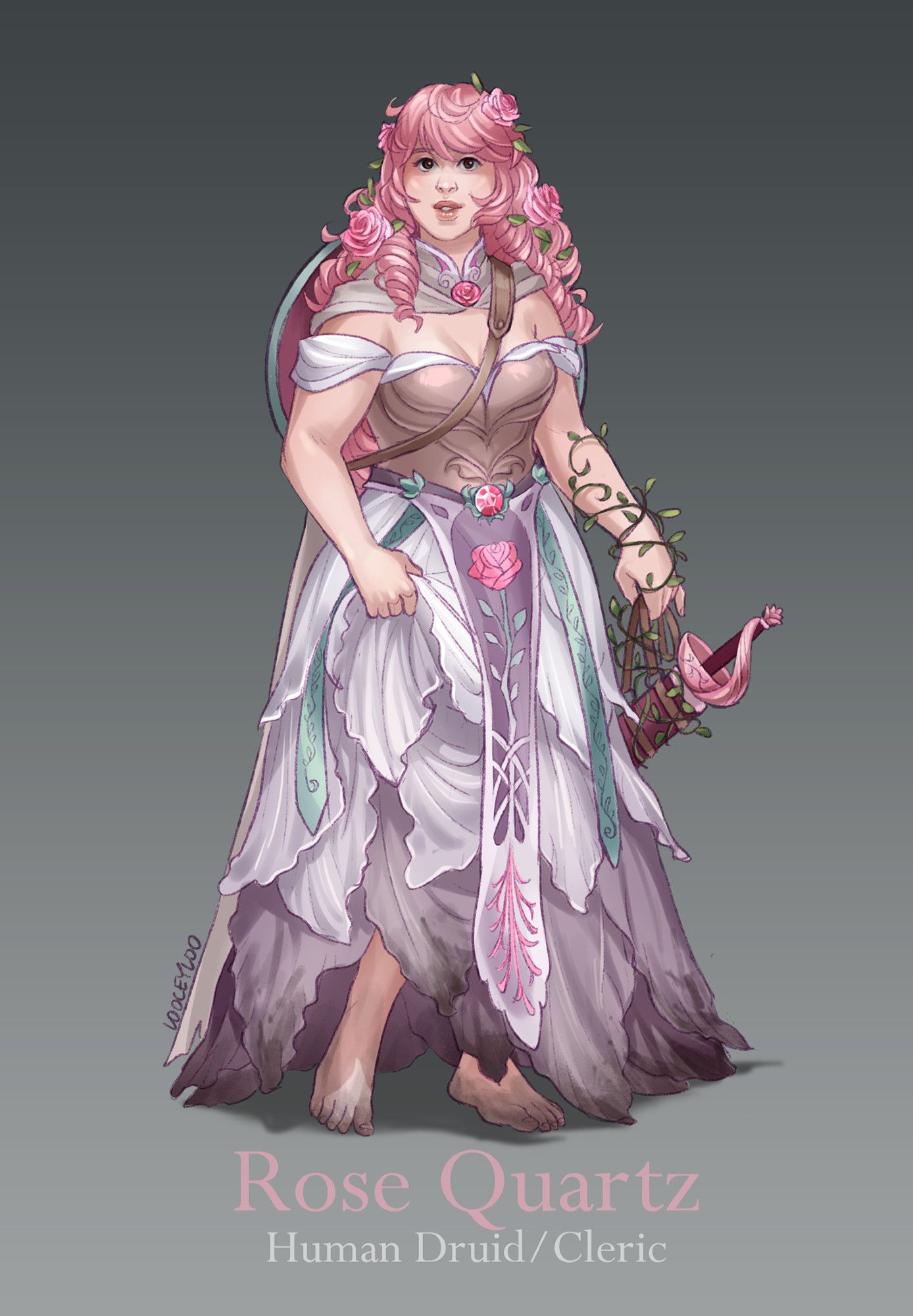 Fanart of Rose Quartz from Steven Universe, interpreted as a human druid/cleric