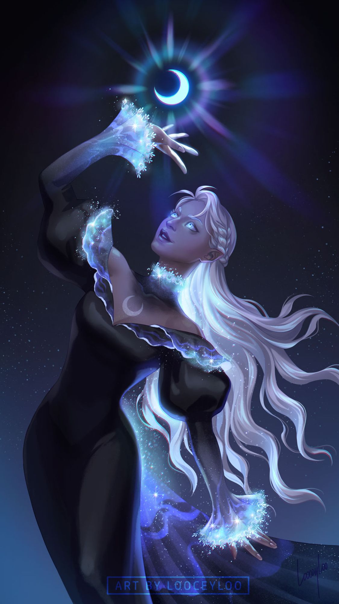 Digital art of a Dana, a Fey pact Warlock D&D character.  She is a dark tan-skinned half-elf with long flowing white hair dancing under a glowing illusory moon that nearly above her flared hand. Her gown is black with puffy sleeves that end in a flare, with a glowing star-studded wave-like pattern like phosphorescent waves.