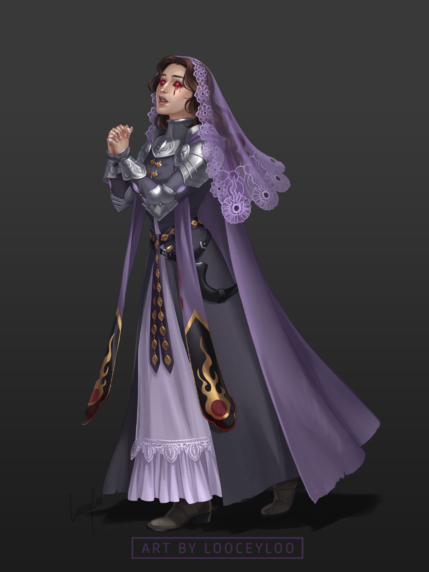 Fullbody of the previous image, showing her purple cloak and a sickle worn in a sheath on her hip.