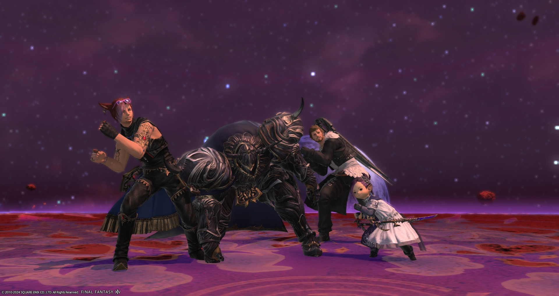 A male Miqo'te, male Hyur, and female Lalafell dance in front of a defeated boss in the video game Final Fantasy XIV.