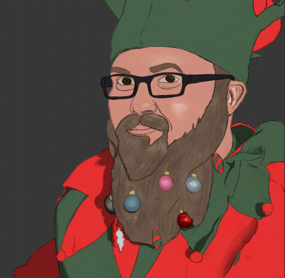 June 21, 2025. Do you think this is what Saint Nick looked like in his 30s?

Face description: A man smiles at the camera. He has a large beard, a festive green-and-red jester outfit, and Christmas ornaments in his beard, as well as black glasses.