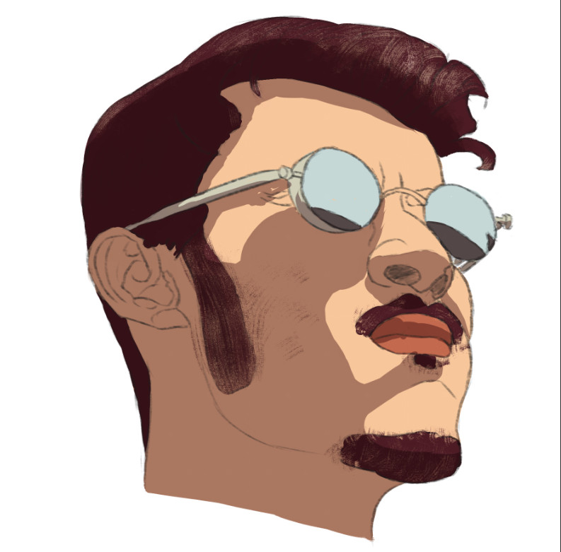 June 22, 2025. I like the lighting on this one, and the glasses.

Face description: A man with reflective sunglasses stares off to the side of the camera.