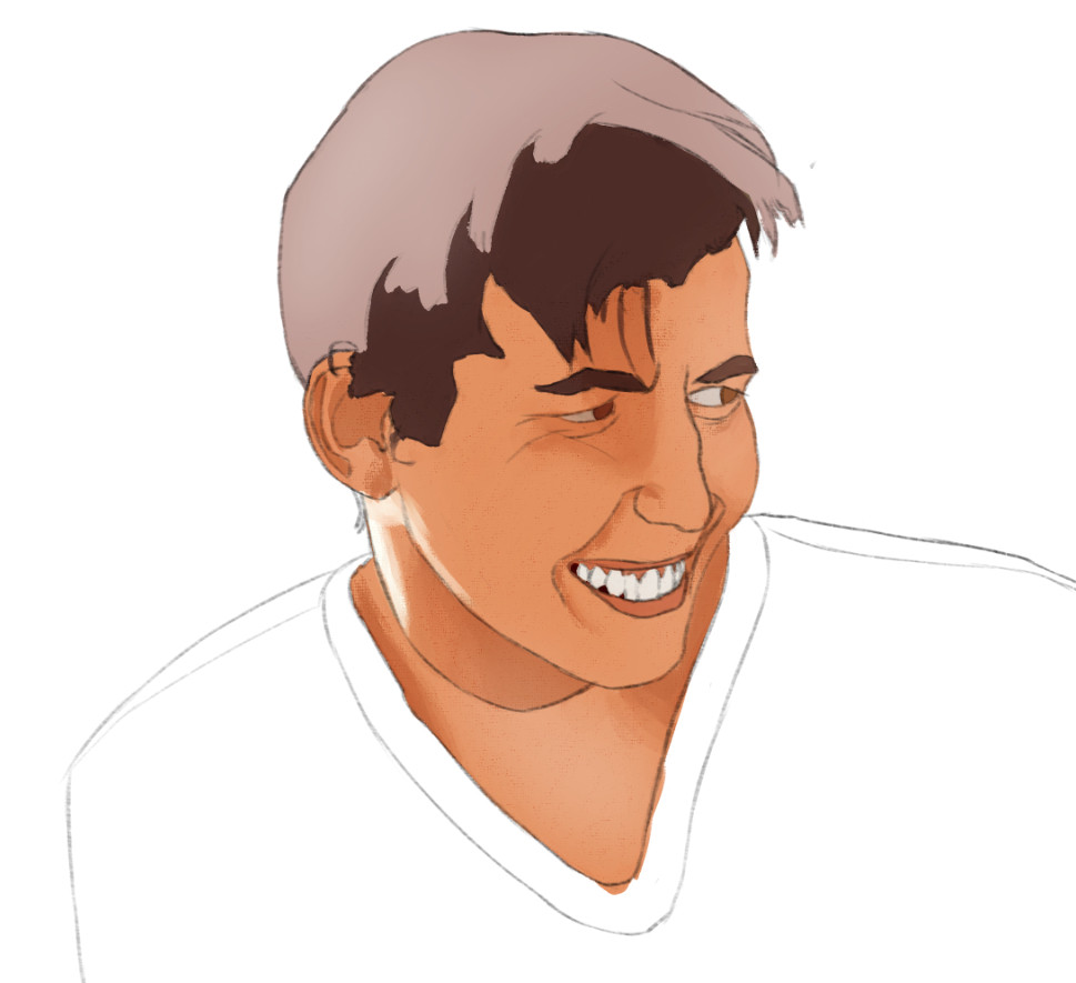 June 19, 2025. I should've used more texture in his hair, it looks so weird how it is now...

Face description: A man with brown hair looking to the side with a wide grin.