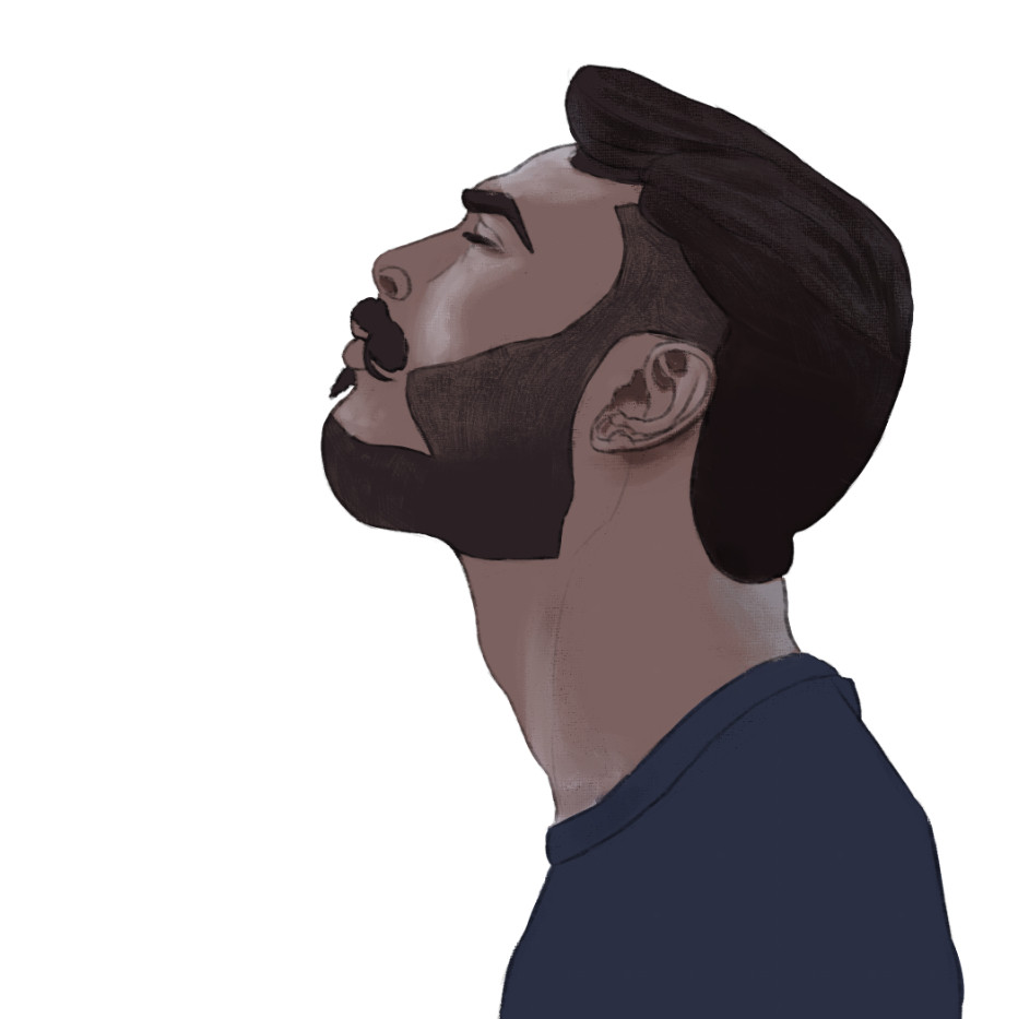June 20, 2025.

Face description: A man with a moustache and beard looks up towards the sky, with his eyes closed. He seems pensive.