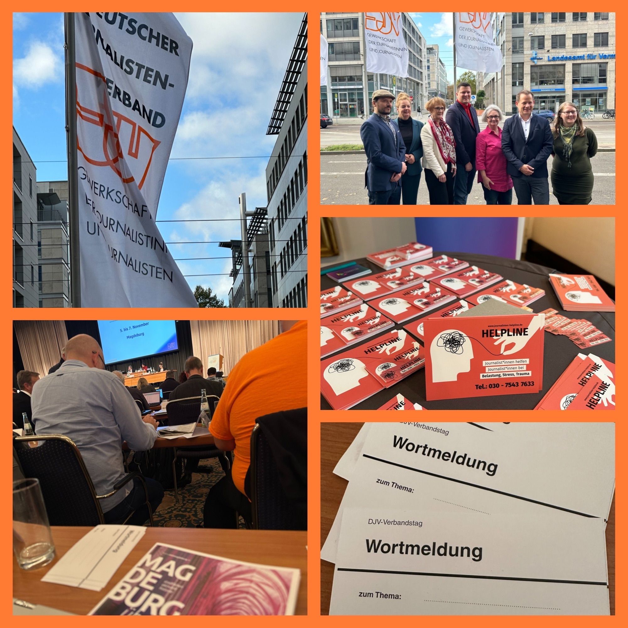 Impressionen vom Bundesverbandstag des Deutschen Journalismusverbandes: Fahnen, Flyer und der neue Vorstand.