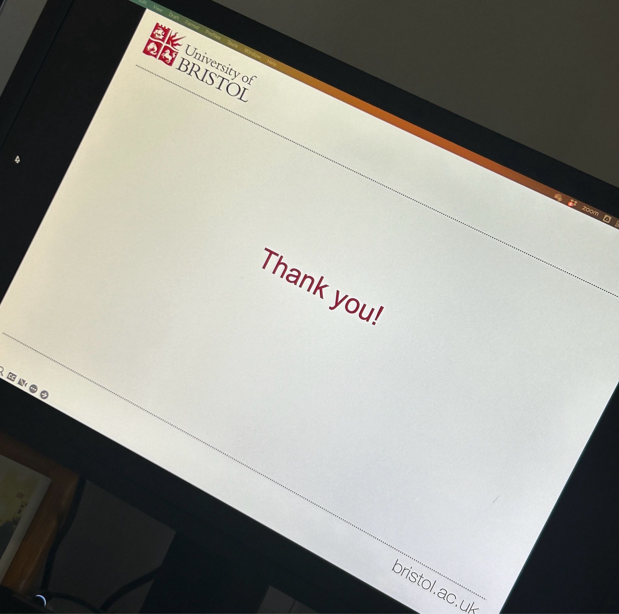 Photo of PowerPoint slide saying thank you with University of Bristol logo