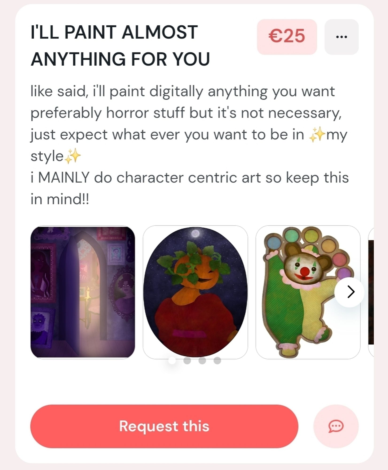 A screenshot of a Kofi page offering commissions