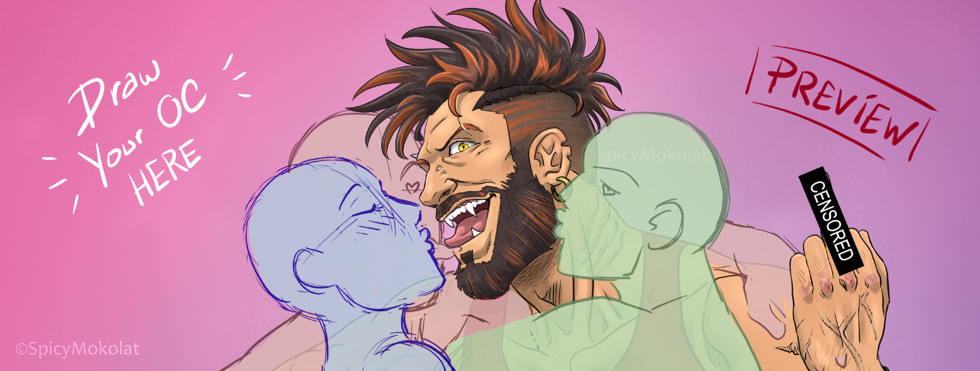 Preview digital illustration of a "Draw Your Character Here" with my original character Connor (black and tan punkish hair and beard, werewolf fangs out) showing his middle finger to the viewer as he is proudly surrounded by sketched characters ready to kiss him.

Keywords : OC, Connor, badboy, bad dog, werewolf, bara, buff, gay, bi, lgbt, art, OCkiss, kissartfebruary, OCartmeme, OCartchallenge, OCartgame, OCarttrade, OCmistletoe, drawyourcharacterhere, drawyourOCchallenge