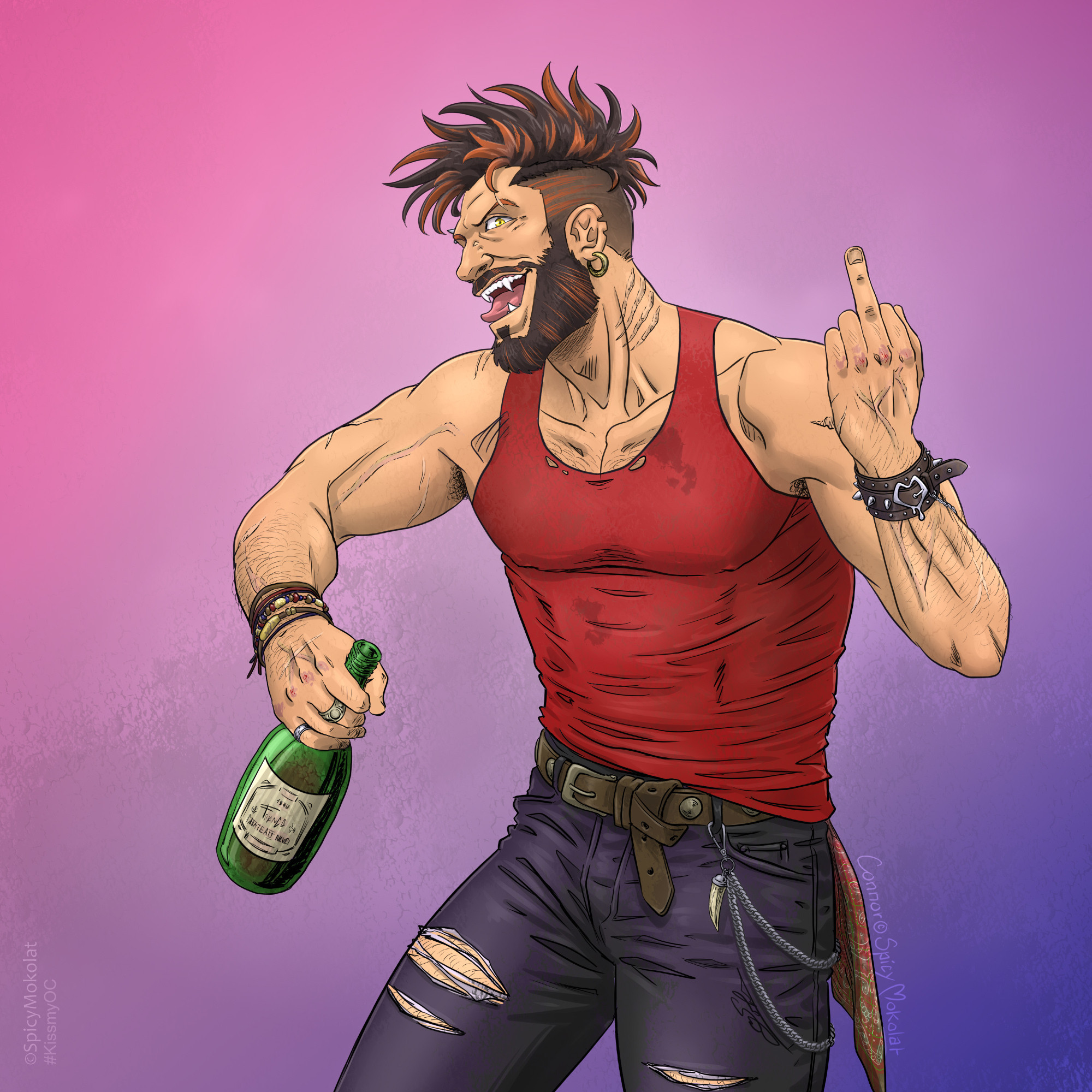 "Draw Your Character Here" digital illustration. Connor, my hunky man (black and tan mohawk and beard, hairy body with scars, wearing red tanktop, ripped jeans, belt with chain and fang as pendant, spiked leather bands with buckle shaped as heart and masculine jewels) posing with a vine bottle in hand and a middle finger at the other as he seems mocking the viewer as he could proudly holding someone in his arms.

Keywords : OC, Connor, badboy, bad dog, werewolf, bara, buff, gay, bi, lgbt, art, nsfw, kissmyOC, OCkiss, kissartfebruary, OCartmeme, OCartchallenge, OCartgame, OCarttrade, drawyourcharacterhere, drawyourOCchallenge, ocmistletoe, valentineday