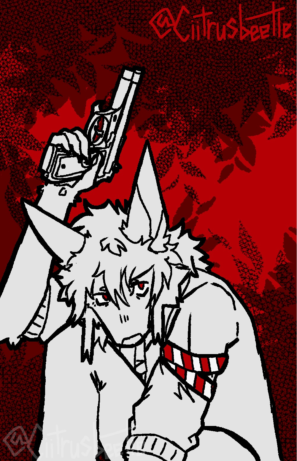 A anthropomorphic fox in a crouching pose holding a pistol in one hand wearing a streetwear jacket with high-visibility bands on the sleeves. The figure is in all off-white with red pupils and stripes on the bands, and has thick black outlines. Background is red with a darker red/black textured leaf pattern.