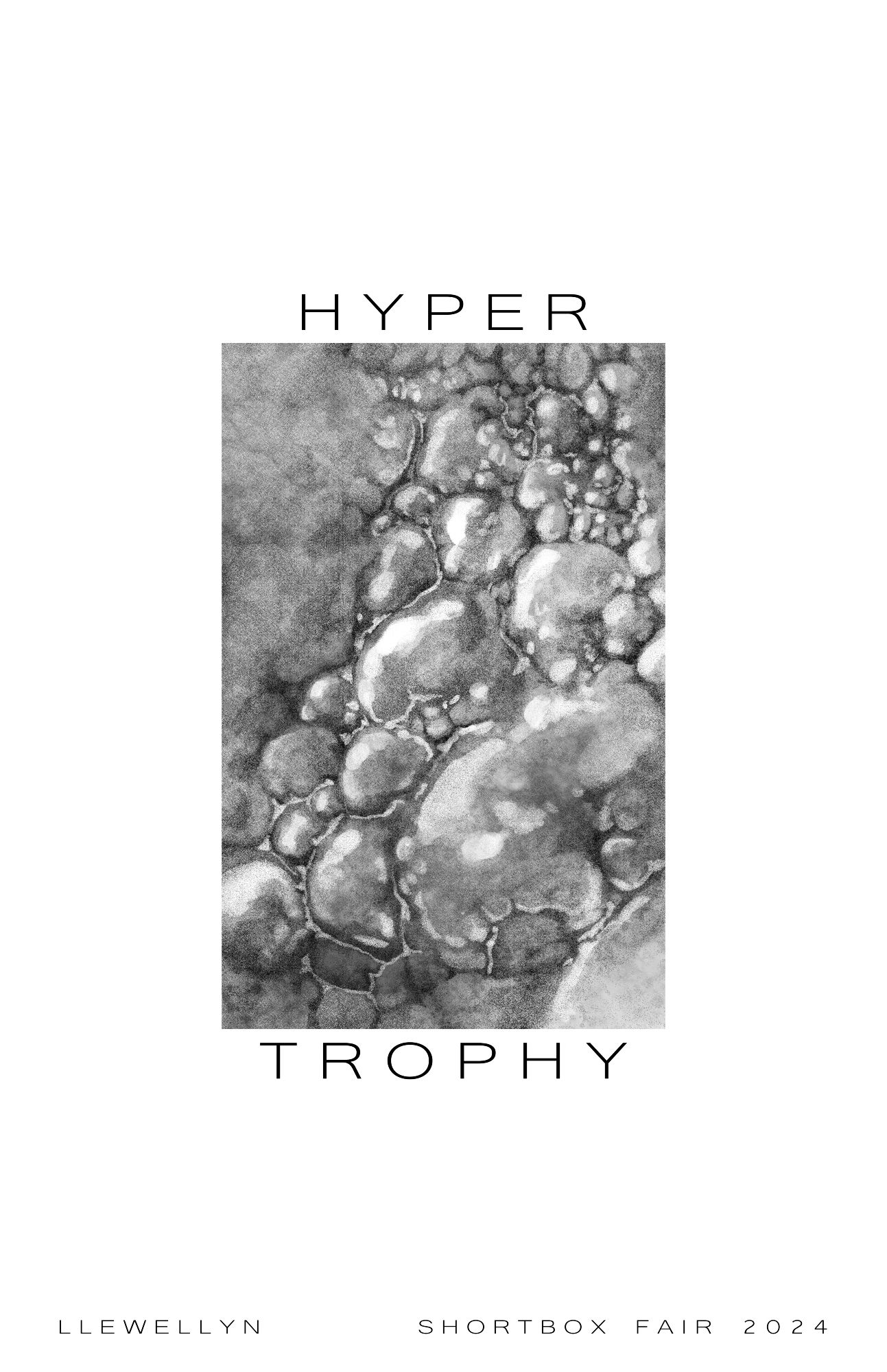 cover page for my comic "Hypertrophy" with a black and white illustration of hypergranulation tissue in a cropped rectangular box on a white page