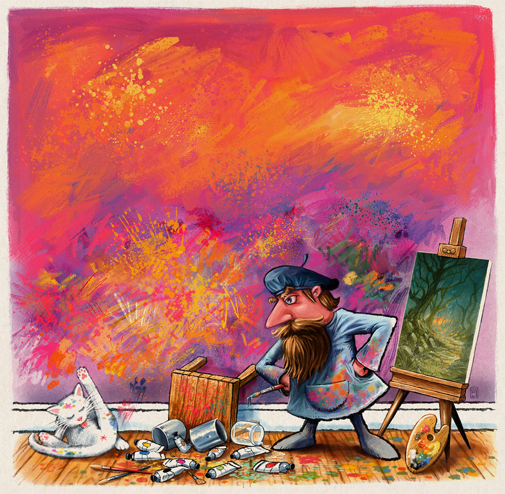 Cartoon of an artist glaring at his cat, after it has wrecked his paint stand and is now nonchalantly cleaning itself.