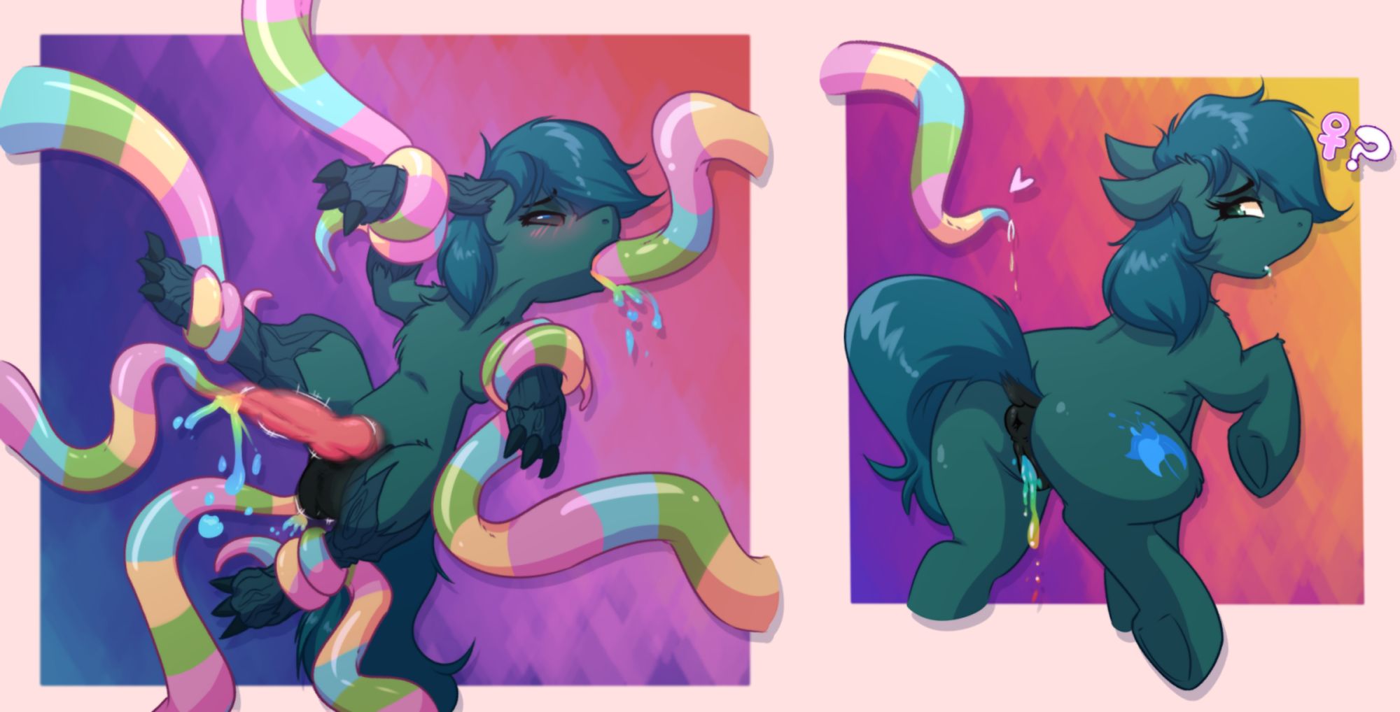 A wolf-pony hybrid getting fucked by a large amount of rainbow tentacles, which seems to have transformed him into a mare in the second panel.