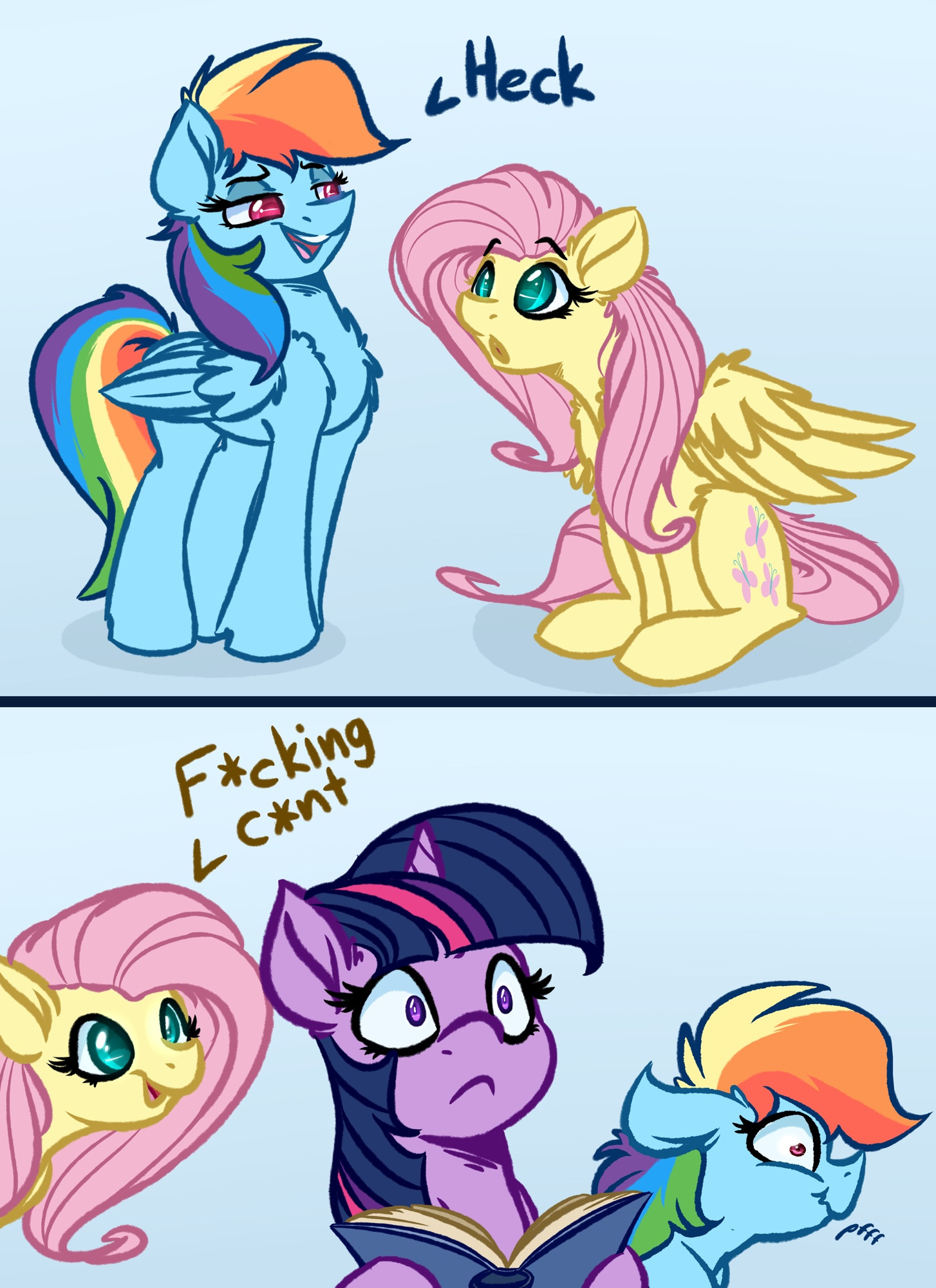 Rainbow dash says a swear so Fluttershy says an even bigger swear.