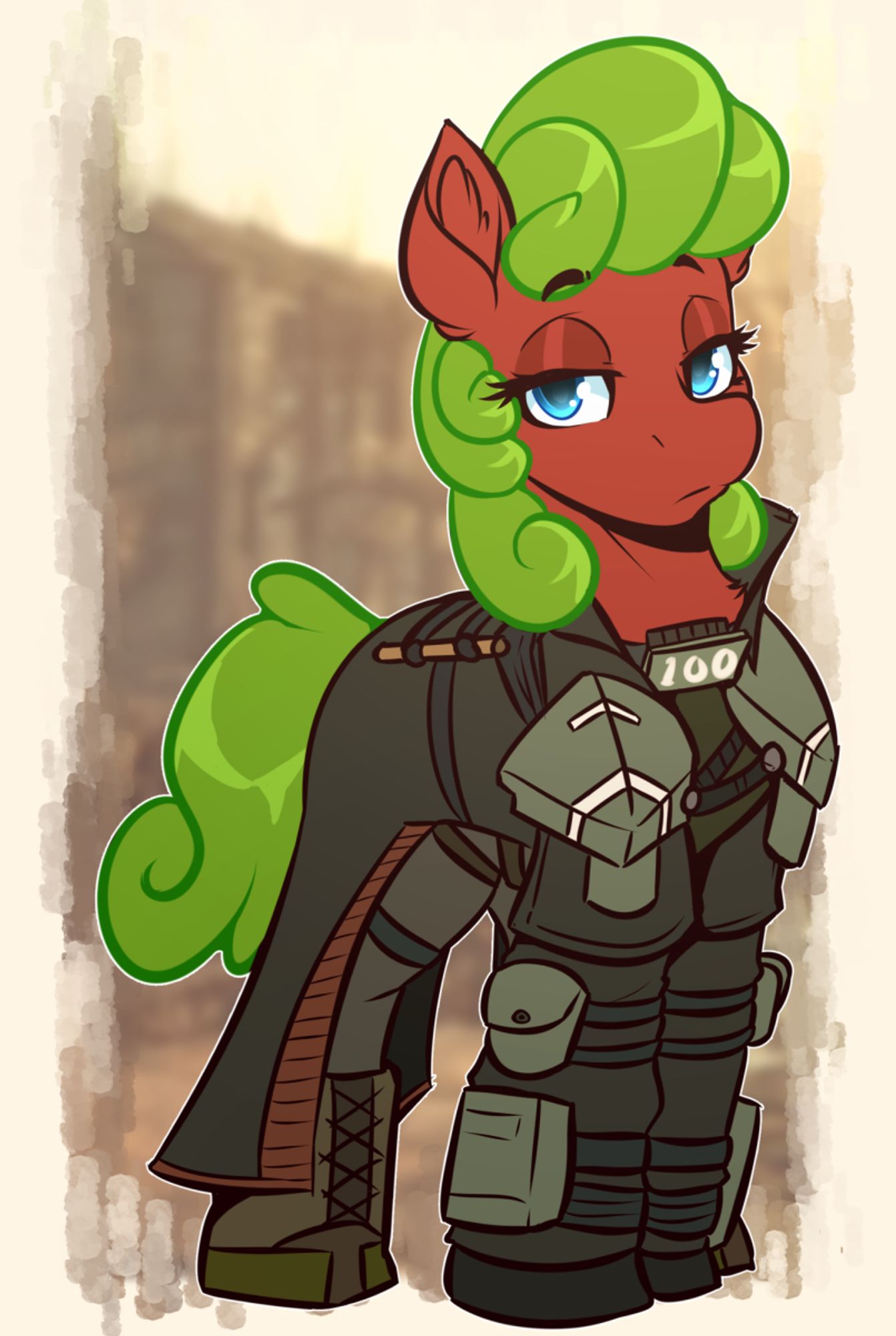 A red pony with a green mane, dressed as an NCR Ranger from Fallout: New Vegas