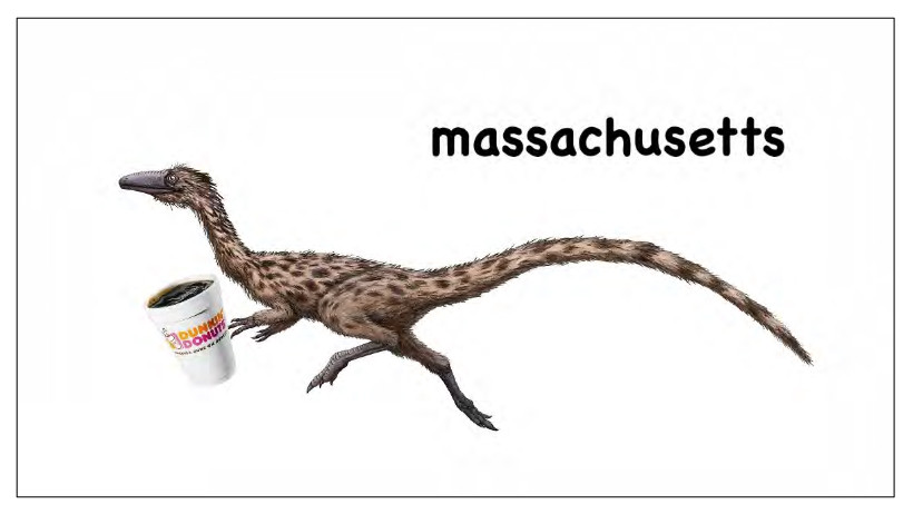 Proposed Massachusetts flag showing our official state dinosaur running with a cup o' Dunk's