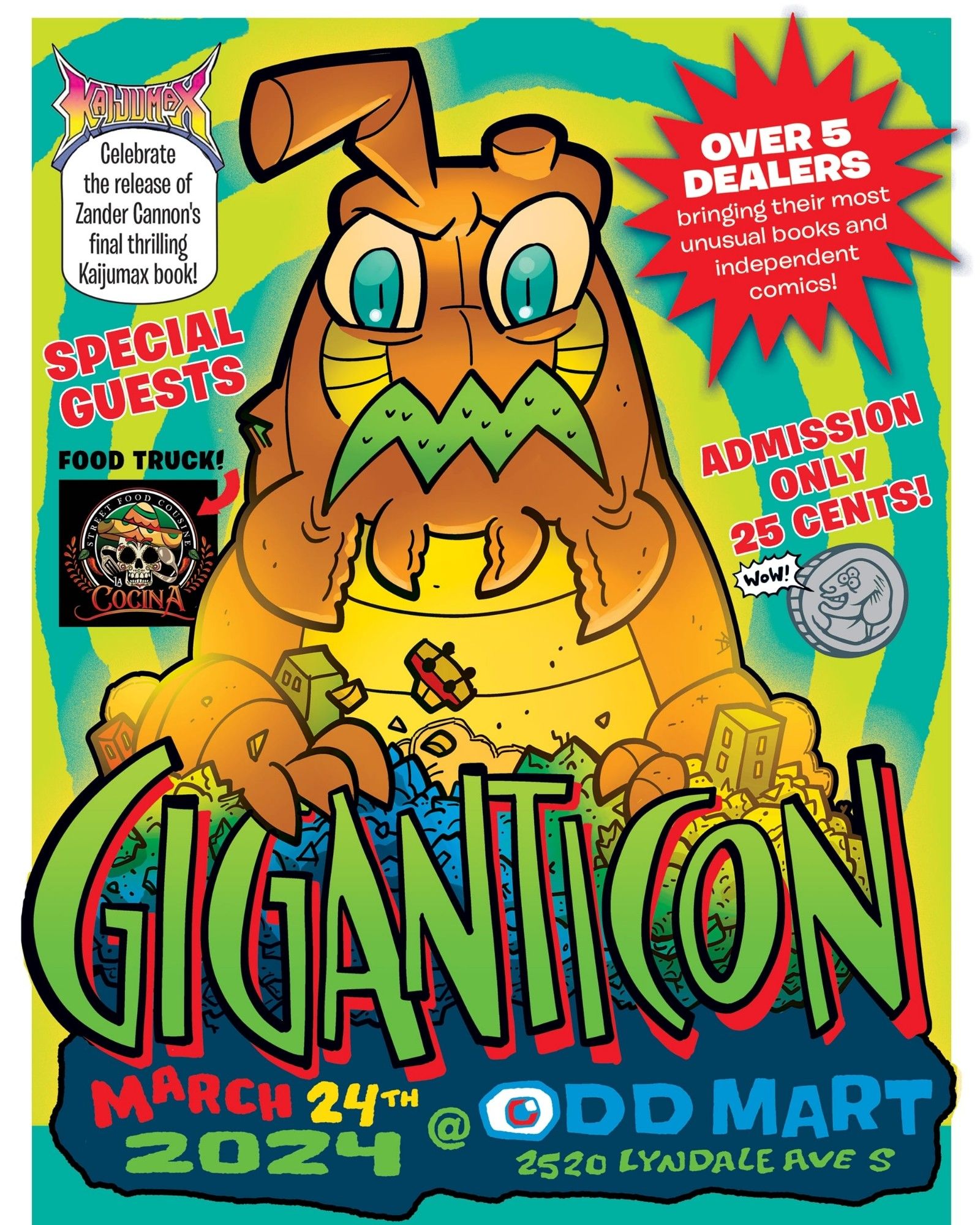 The flyer for GIGANTICON, being held at OddMart in uptown Minneapolis, 2520 Lyndale Ave S, on March 24, 2024, 12-5. There will also be a taco truck.