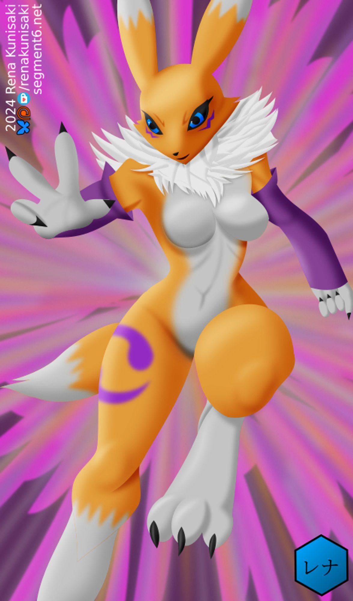 Renamon running toward the viewer, pink starburst background