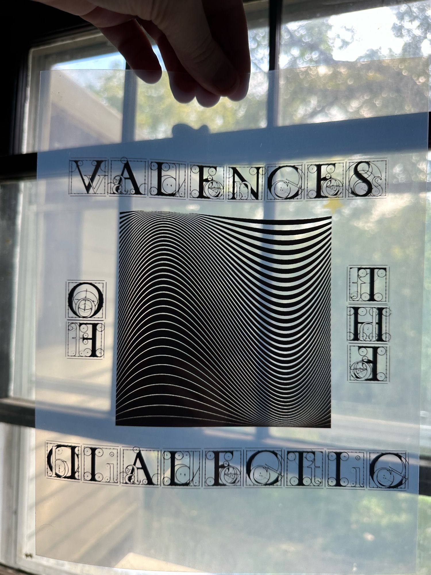 Transparency of an illusion with the text valences of the dialectic around it in blueprint font.