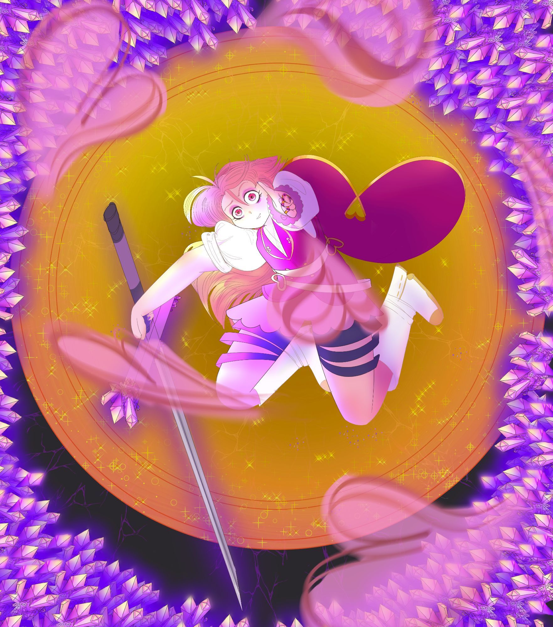 Original illustration; A young man with long pink hair at the bottom of a cavern surrounded by purple crystals is aiming his left hand to magically send up bursts of heart-shaped energy into the air above, towards the viewer; His outfit uses heart shapes, shades of pink and purple, and a magical knight motif. In his left hand, he grips a sword with crystals forming on the cross-guard of the sword's hilt. Under him is a sun-colored magic circle which is siphoning magic from the cavern's crystals.