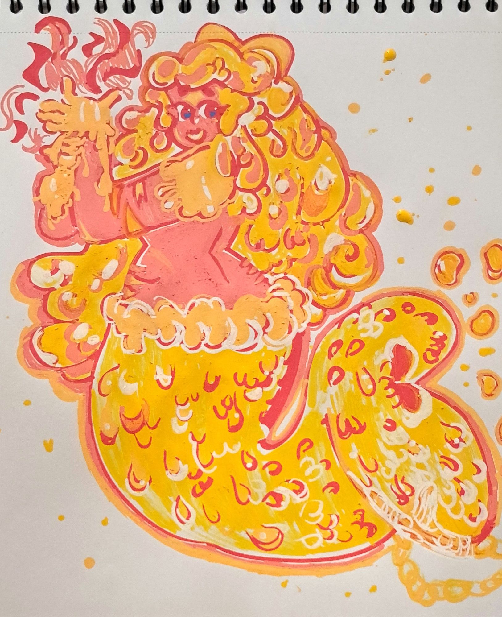 Original character design, drawn in Posca markers on multimedia paper; Lava-themed mermaid woman holding a fireball and peering over her shoulder to smile at the foreground