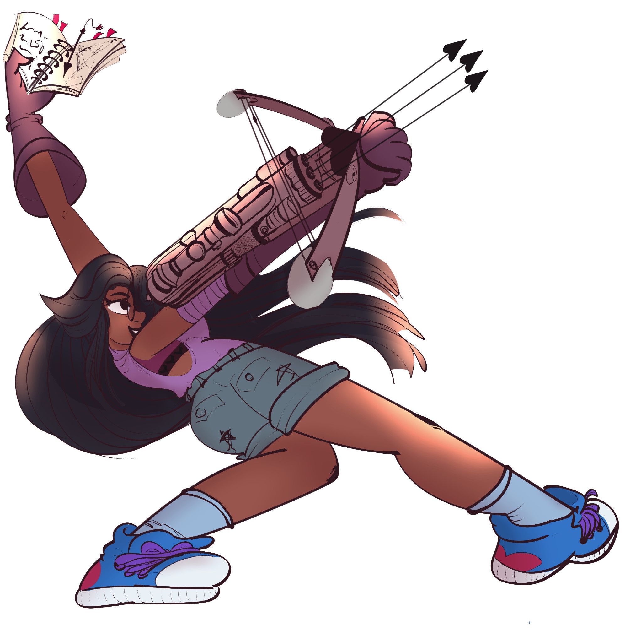 Drawing; Woman with brown skin & dark brown hair aiming a magical crossbow with heart-shaped arrows loaded; the color scheme of her sneakers is the bi pride flag colors