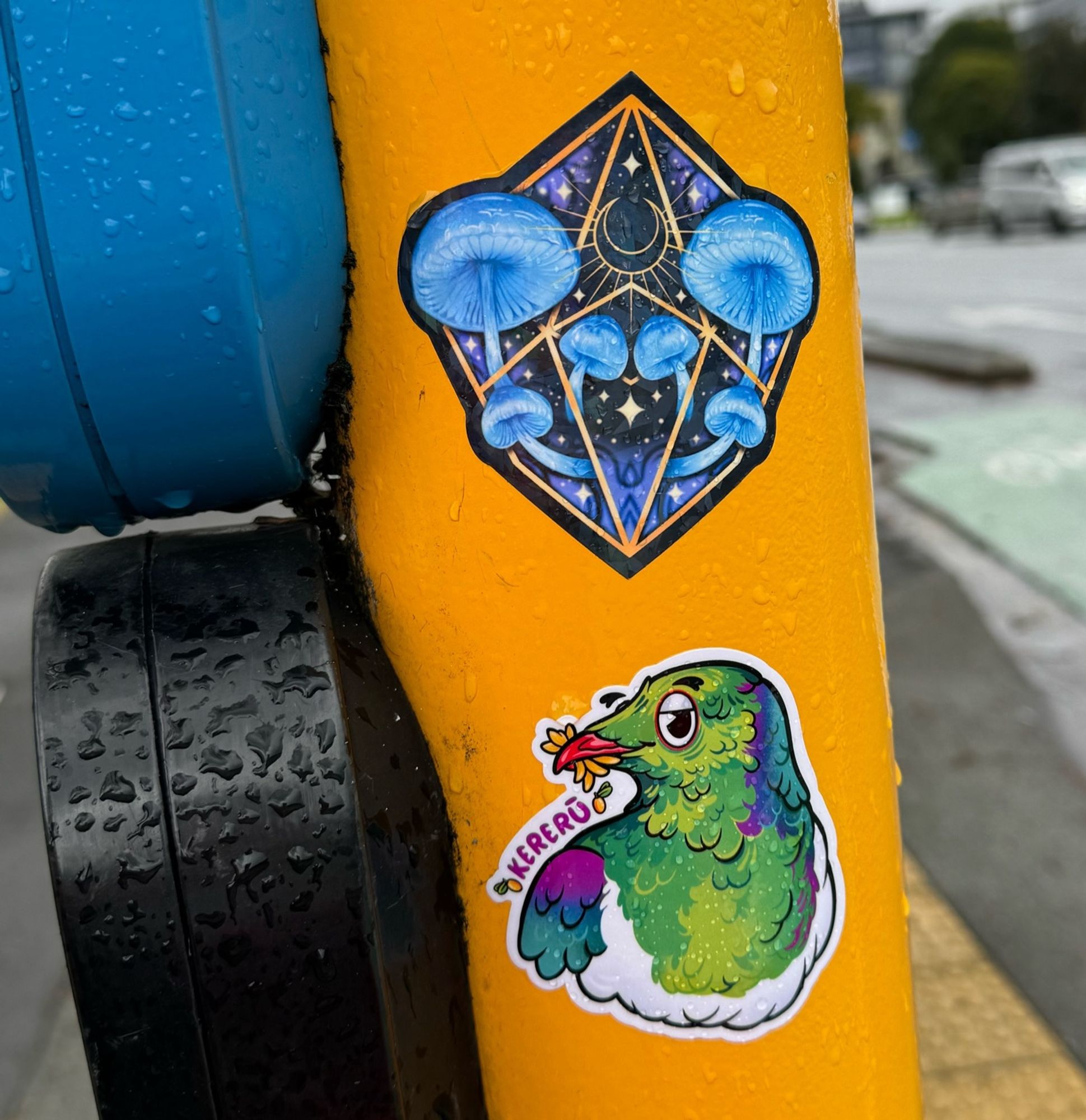 Two stickers, stuck on a yellow traffic light post. The top sticker is of blue mushrooms contained in a dreamy witchy terrarium frame. The bottom sticker is of a cartoon-style chonky kererū